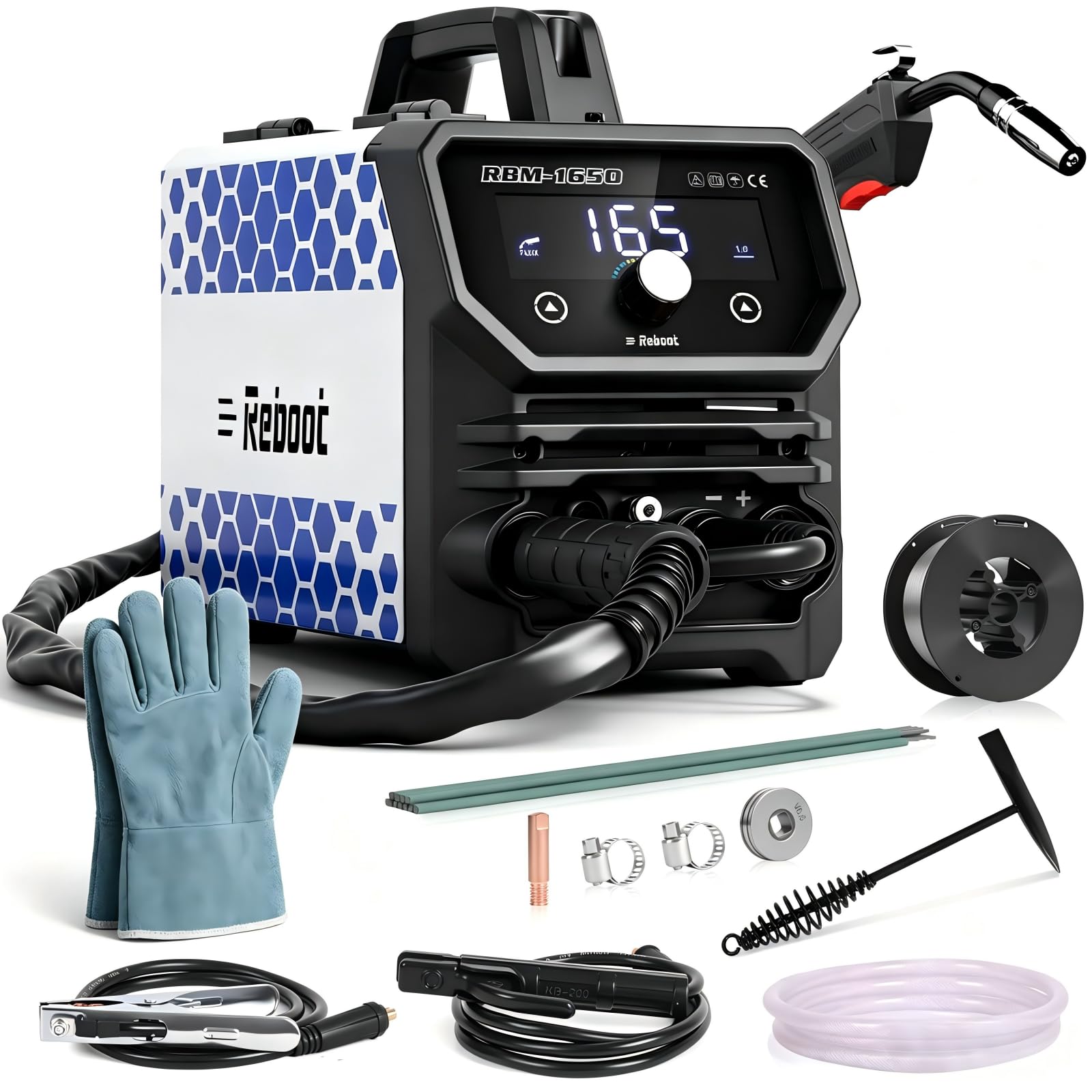 Reboot Saldatrice 165A 4-in-1 MIG Inverter, Gas/Senza Gas MMA TIG | Senza gas per esterni | Regolazione automatica | Antiaderente + accensione rapida | Display LED | Salda 1-5mm a…