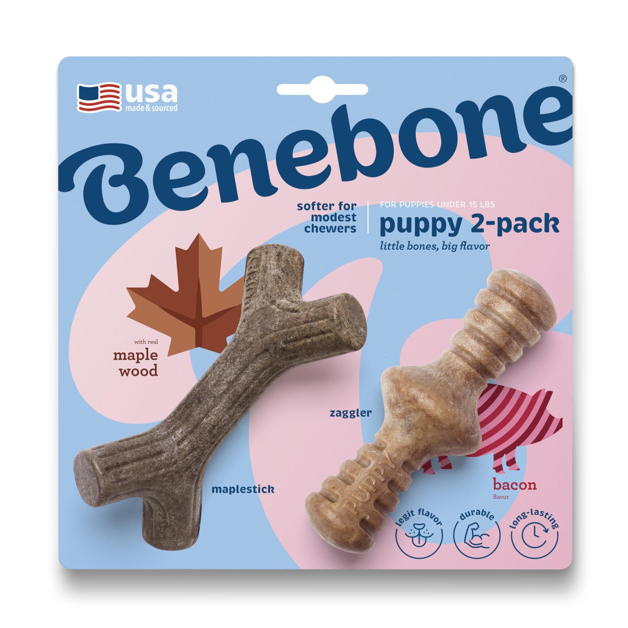 Benebone Cucciolo Conf. da 2 Maplestick/Zaggler, Ossa, Tiny | Durevole, Made in USA, Veri gusti Bacon e Acero, Giochi da masticare per cuccioli, Giochi per dentizione, Di lunga du…