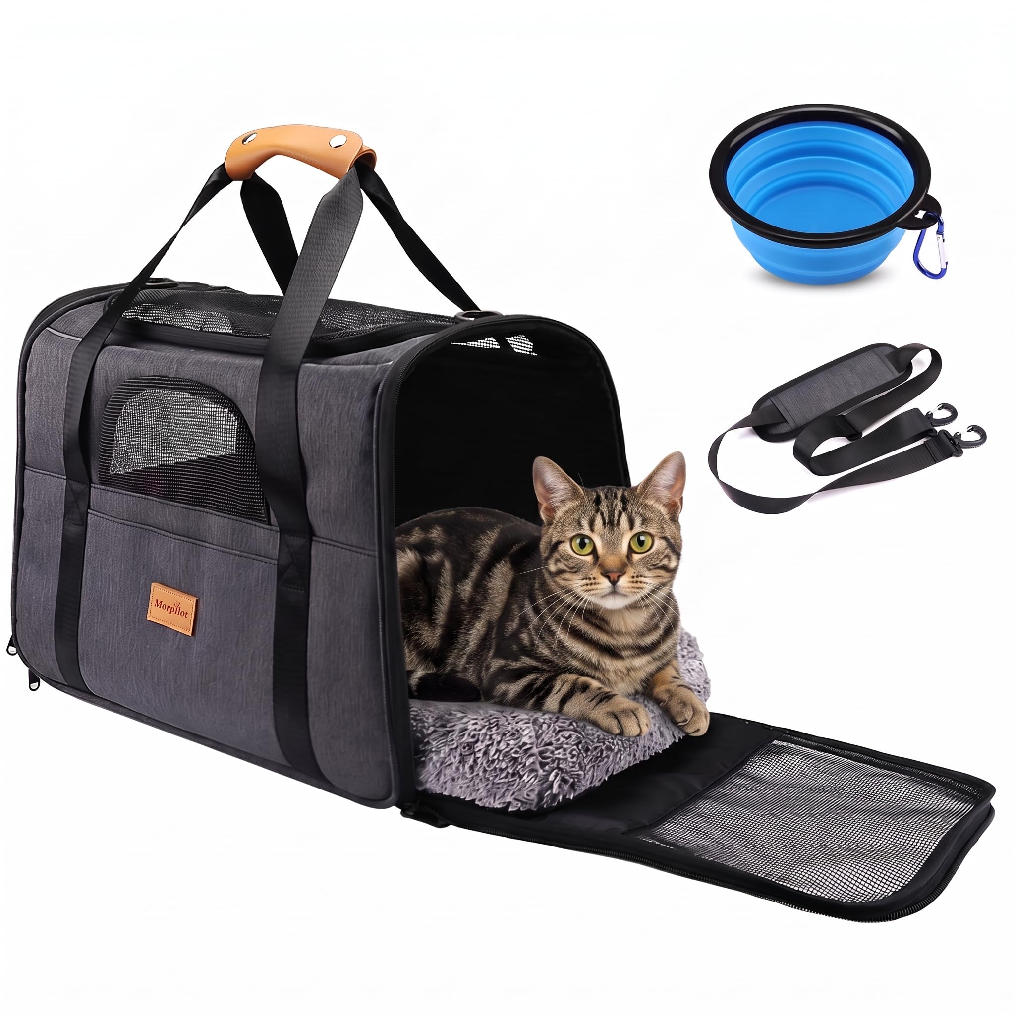 Morpilot Trasportino per gatti grandi e cuccioli fino a 9 kg, con cerniere di sicurezza, pieghevole, per il trasporto di gatti e cani, per andare al veterinario, 47x32x36cm, grigi…
