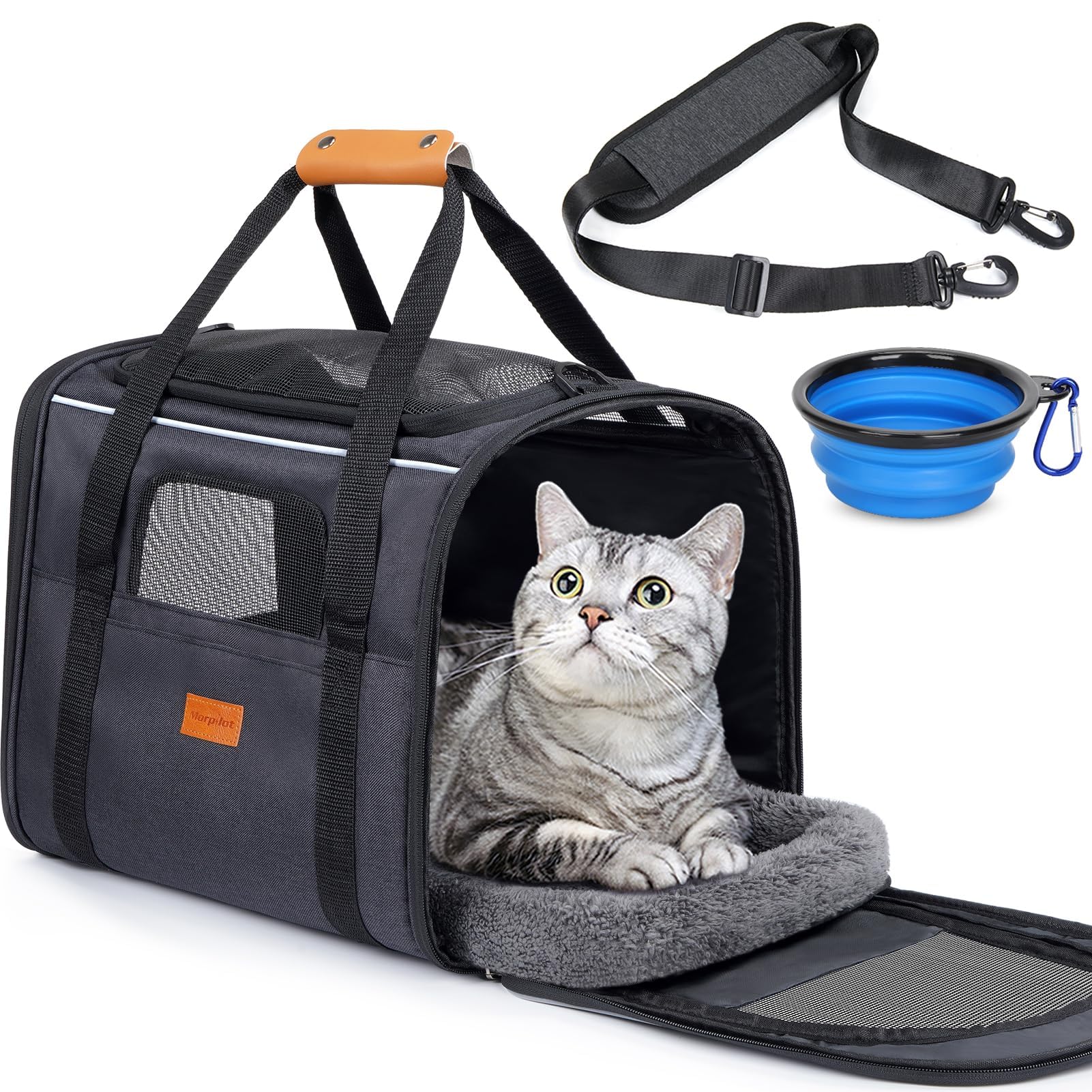 Morpilot Trasportino per gatti grandi e cuccioli fino a 7 kg, con cerniere di sicurezza, pieghevole, per il trasporto di gatti e cani, per andare al veterinario, 43.5x31x34cm, gri…