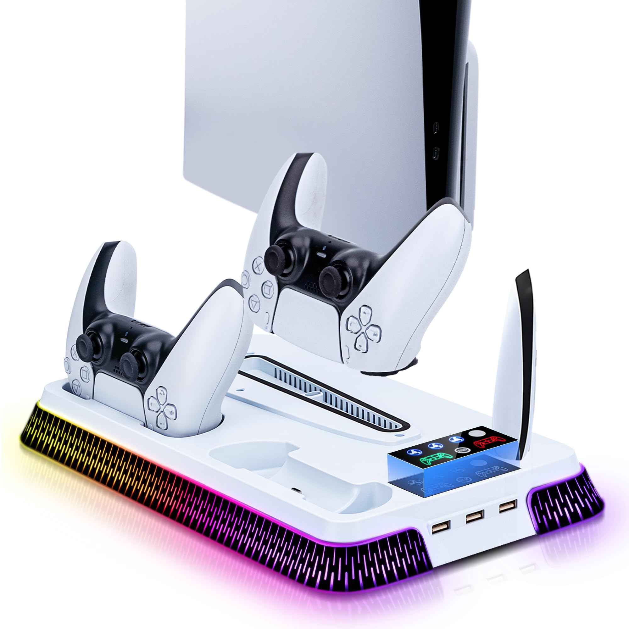 Wigearss Supporto Verticale Raffreddamento PS5/PS5 Slim/PS5 Pro con Doppio Caricatore Controller, Base di Ricarica Joystick PS5 con Ventola Raffreddamento, Illuminazione RGB per P…