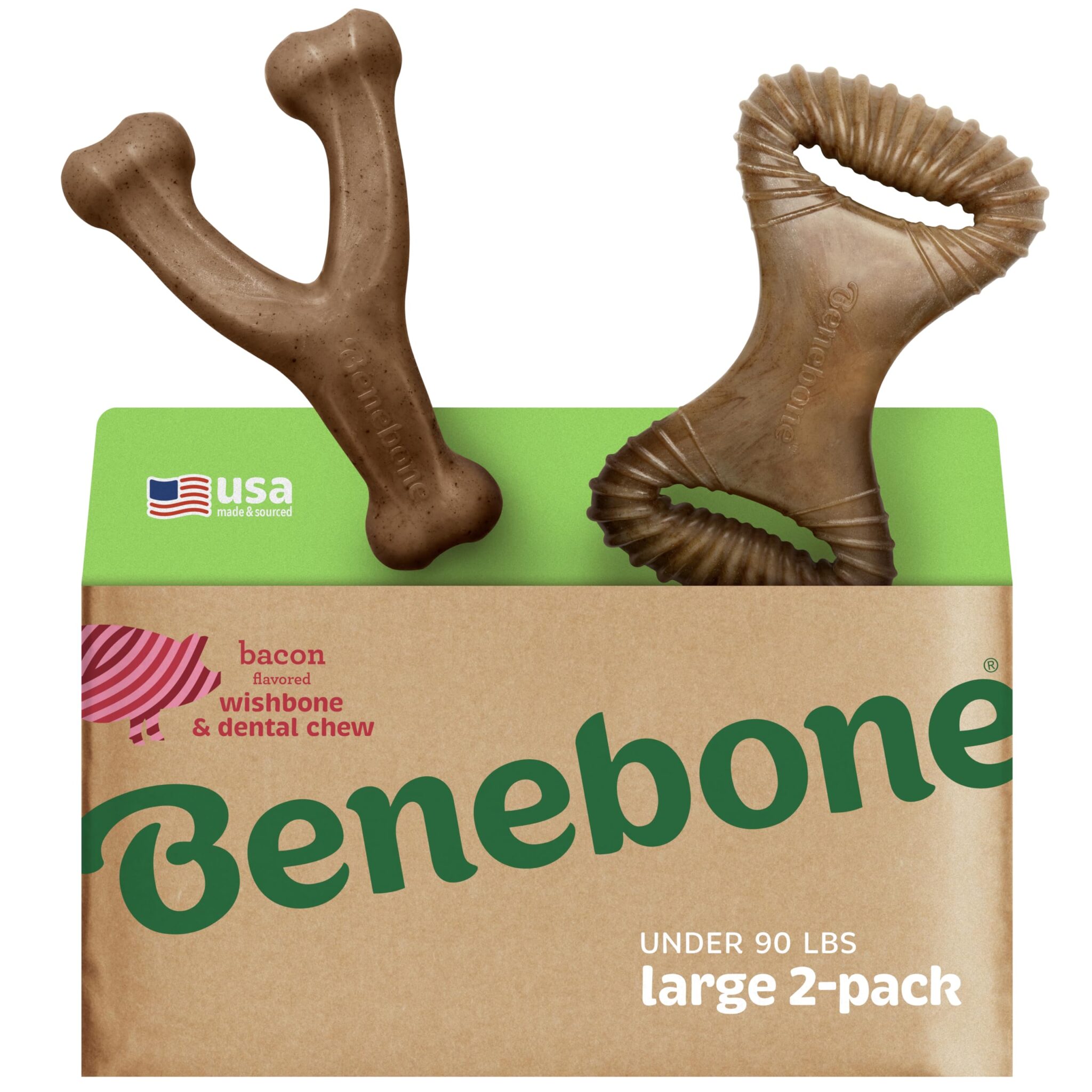 Benebone Conf. da 2 Wishbone/Dental Giochi Resistenti, Bacon Reale, Grande | Durevole, Super Masticatore, Made in USA, Ossa per cani, Di lunga durata, Una taglia per ogni cane, Li…