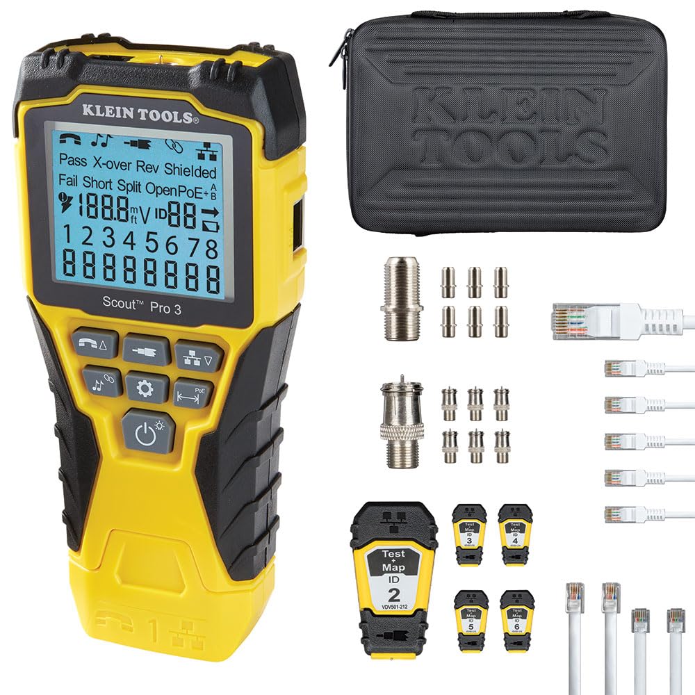 Klein Tools VDV501-853 | Tester Per Cavi Scout Pro 3 Test + Map Con Telecomandi | Test E Misura Dati Telefono E Video | Misura Lunghezza Fino A 610 M | Schermo LCD Retroilluminato