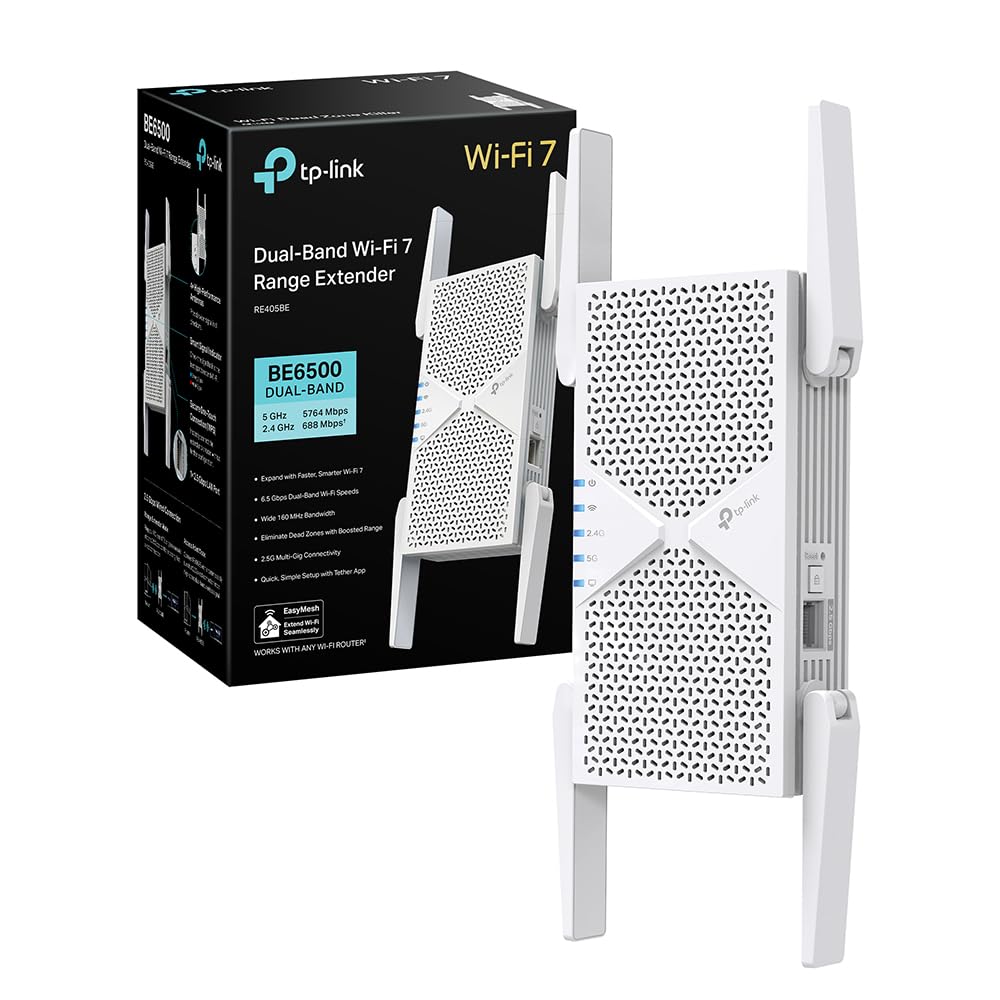 TP-Link RE405BE Ripetitore WiFi 7 Dual-Band BE6500Mbps, Porta Ethernet 2.5G, EasyMesh, MLO, Roaming Intelligente, Configurazione WPS/App, Compatibile con Tutti i Box Internet, 160…