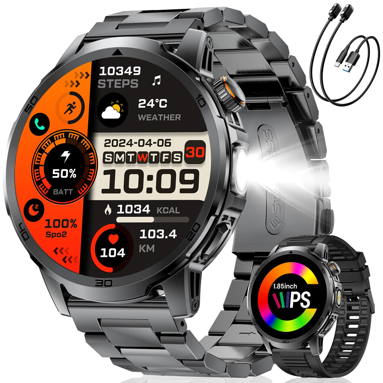 Smartwatch Uomo 1000mAh 1.85" HD con LED Telefono Militare IP68 110+ Sport | Grande batteria Grande schermo touch 110+ modalità sportive Impermeabile
