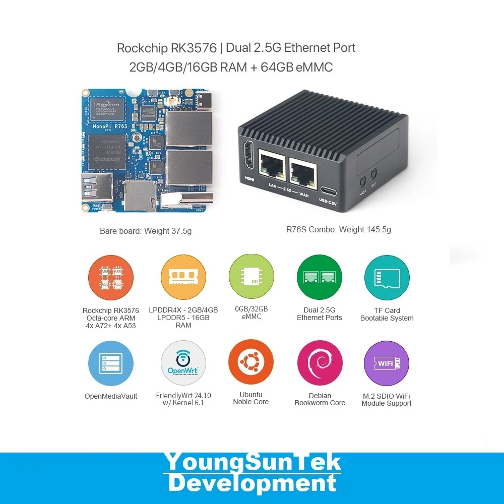 NanoPi R76S (4G LPDDR4X e 64Gb eMMC) YounSunTek, RK3576, 4xA55+4xA76 Cortex, Doppia LAN 2.5G, HDMI, AI, Wi-Fi M.2, OpenMediaVault