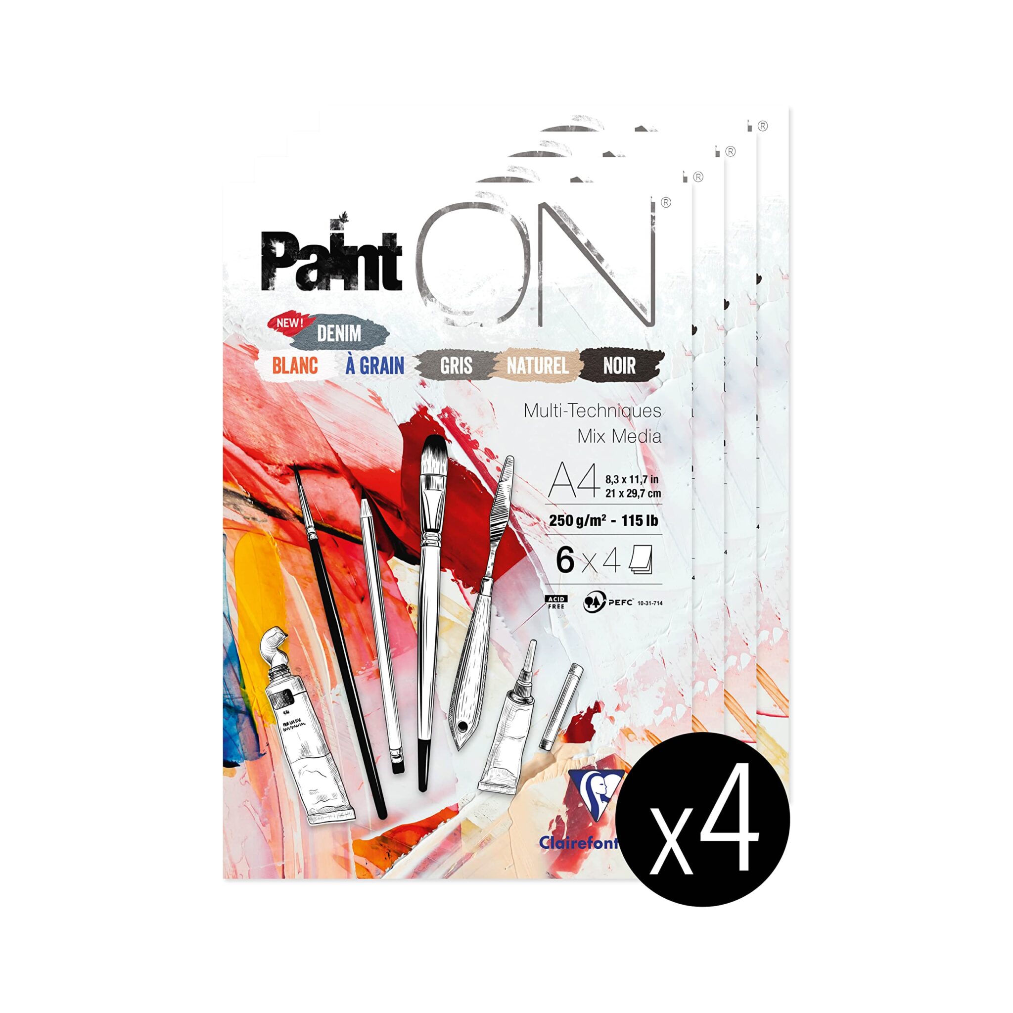 Clairefontaine 975410C - Blocco di Carta da disegno PaintOn 24 Fogli 21x29,7 cm 250g colori assortiti (4 Fogli Bianco, bianco a grano, grigio, naturale, nero e denim) - Pacco di 4…