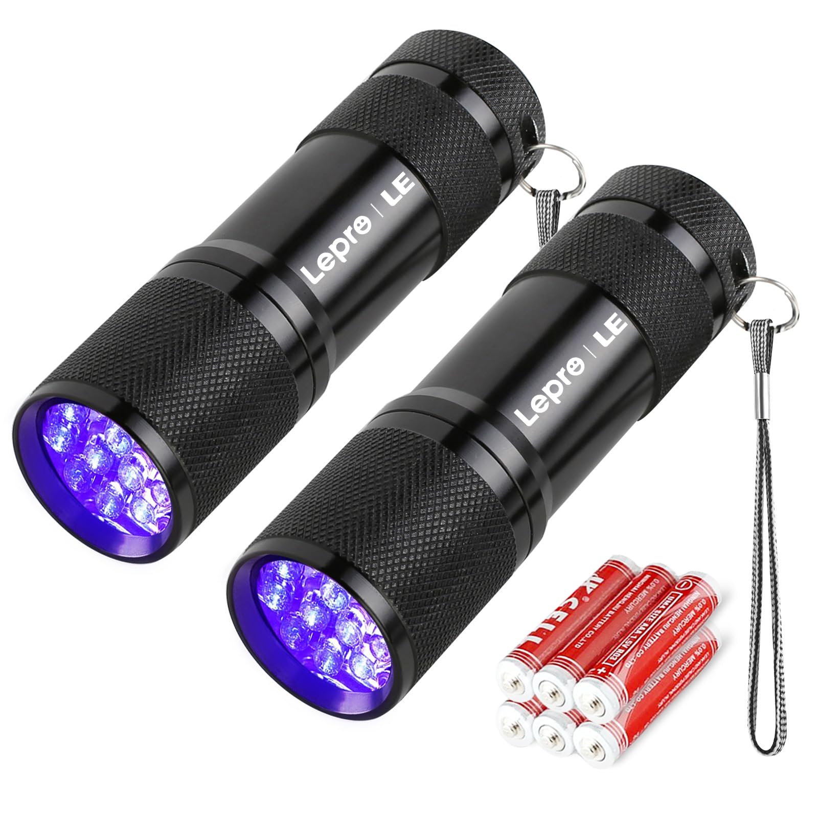 Lepro Torcia UV LED 395nm 2 Pezzi Luce Nera Portatile,Batterie AAA Incluse | Confezione doppia con 9 LED UV per casa, animali domestici e rilevazione di urina di cane/gatto/fluore…