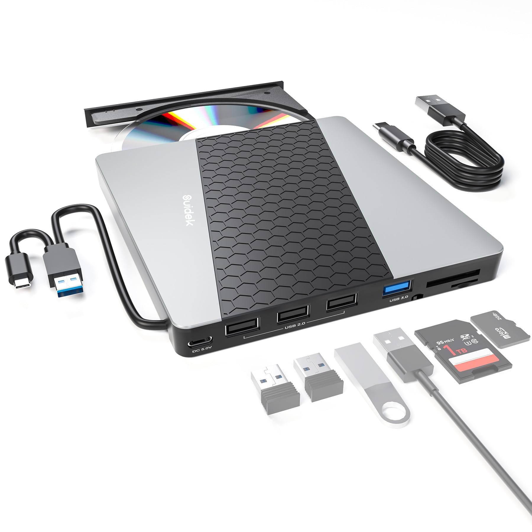 SUIDEK Unità CD/DVD esterna, USB 3.0 USB C portatile CD DVD +/-RW masterizzatore DVD con lettore di schede SD/Micro SD 7 in 1 Hub compatibile con computer portatile, Mac, PC, Wind…