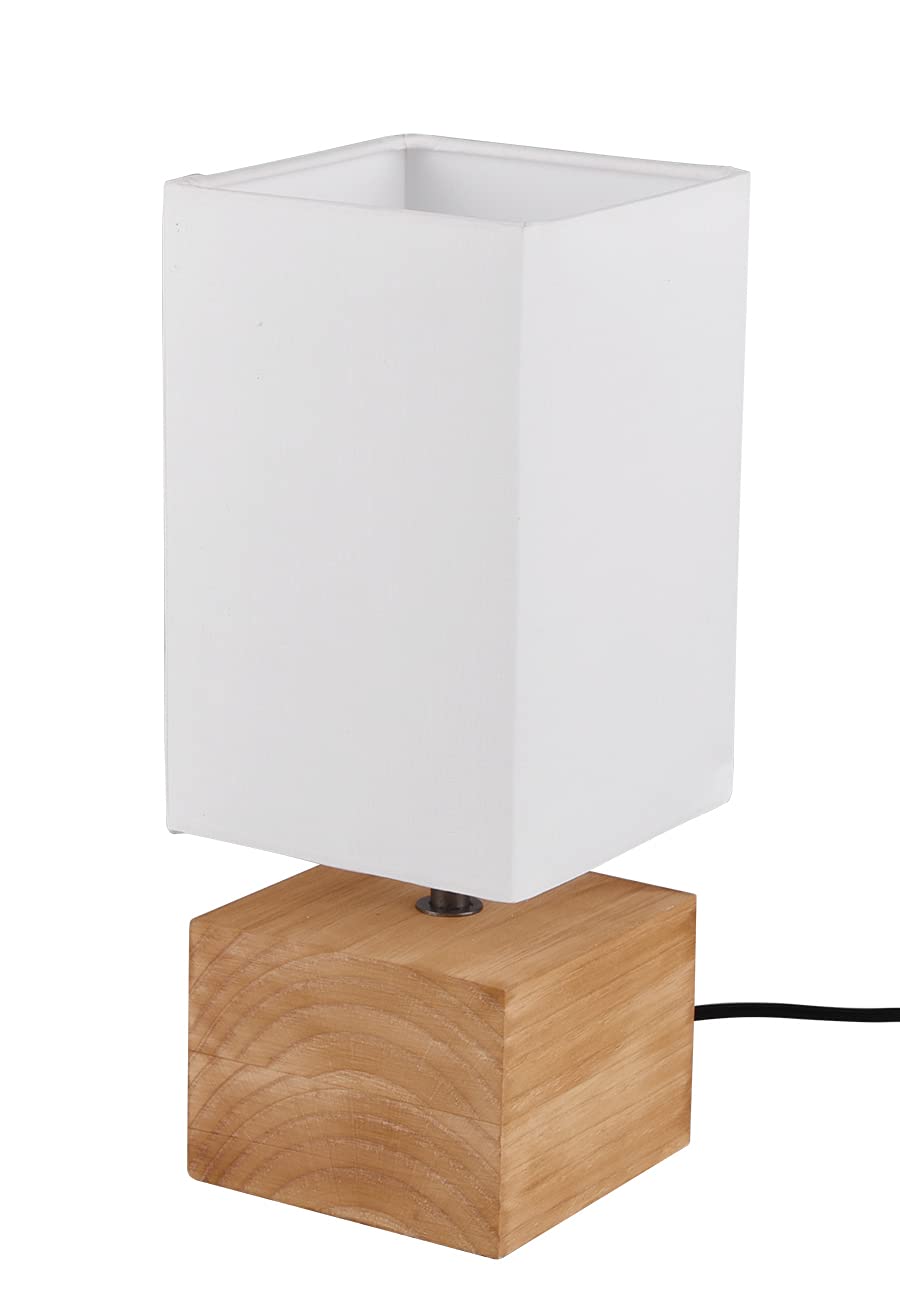 Reality Leuchten Woody R50171030 - Lampada da tavolo in legno marrone, paralume in tessuto bianco, 1 x E14, 12 x 12 cm