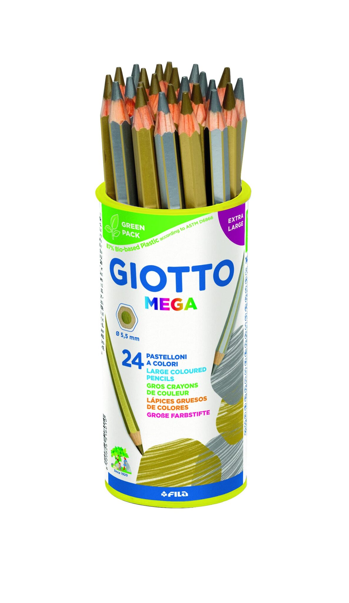 Giotto 518000 - Mega Maxi Pastelloni Oro e Argento Barattolo da 24 Pezzi