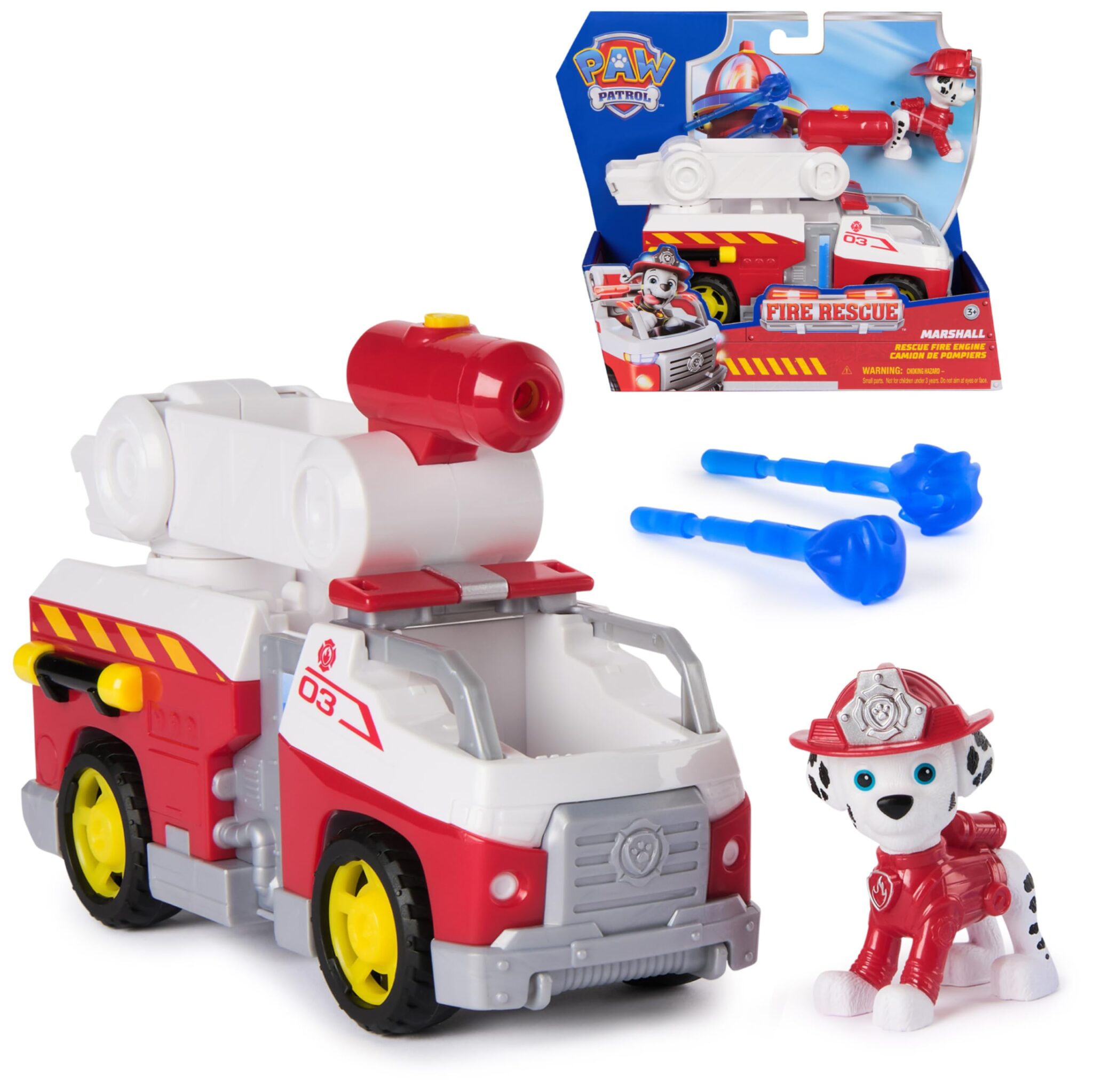 Paw Patrol, Fire Rescue, Camion Pompieri di Marshall con Personaggio, 3+ | Veicolo Da 20,3 Cm, Personaggio Alto 5 Cm, 2 Proiettili, Ruote Funzionanti, Lanciamissili, Scala Di Socc…