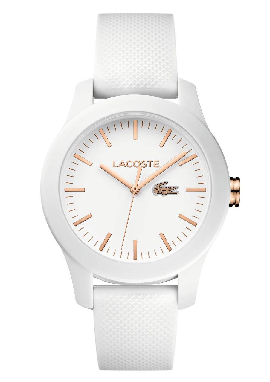 Orologio al quarzo analogico da uomo o donna della collezione Lacoste.12.12, dotato di un elegante bracciale in silicone con trama petit piqué