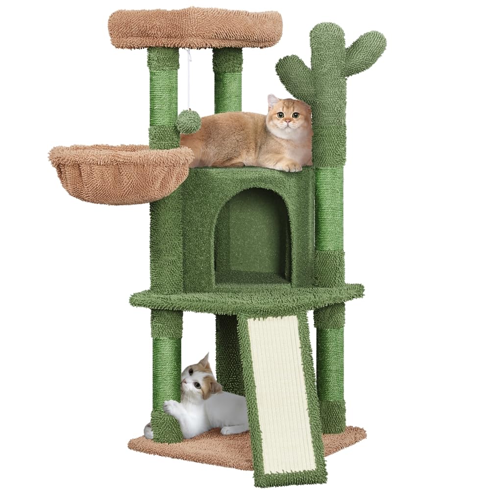 Yaheetech Albero Tiragraffi per Gatti 106,5 cm Cactus Design Verde Marrone | Torre multilivelli con rampa graffiatoio e pali in sisal, casetta, trespolo, cestino e palla sospesa,…