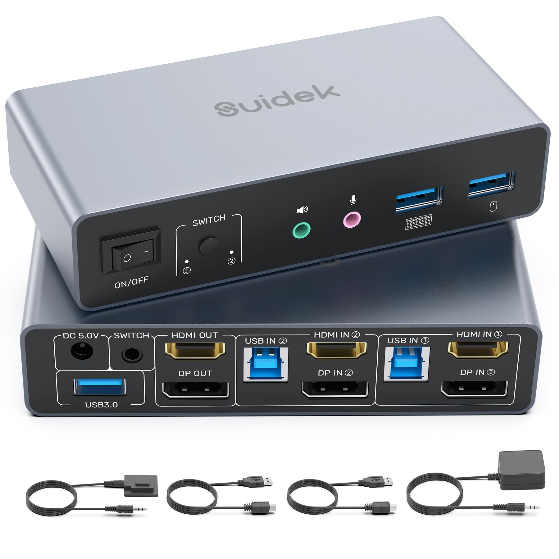 SUIDEK Commutatore KVM HDMI Displayport, 2 computer 2 monitor 4K@60Hz Commutatore KVM a doppio monitor per 2 PC, 3 porte USB 3.0 Supporto modalità estesa/specchio
