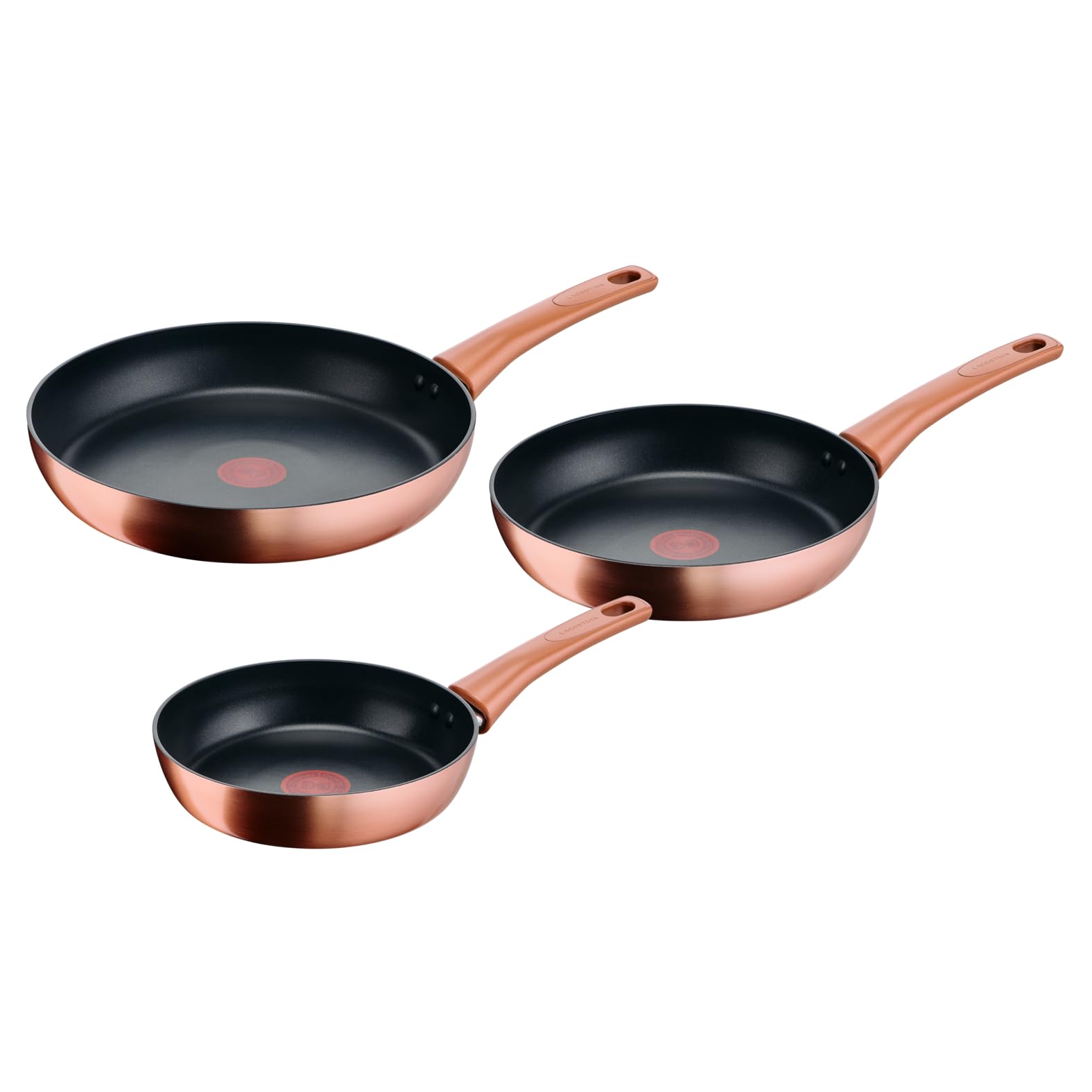 Lagostina Rosé, Set 3 Padelle Antiaderenti Ø 20/24/28 cm, Colore Oro Rosa | Rivestimento Titanium, Indicatore di Calore Thermo-Signal, Manico Rivettato, Compatibile con Induzione