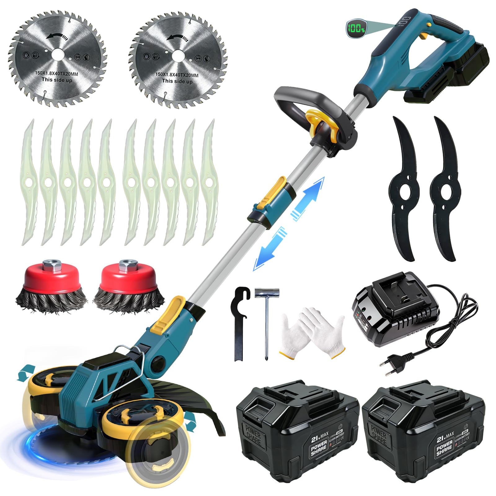 Decespugliatore a Batteria, Tagliabordi a Batteria con 2 Batterie e 4 Tipi lame, Decespugliatore Elettrico con Ruote e Spazzola per Erbacce, Tagliaerba Elettrico Brushless, Telesc…