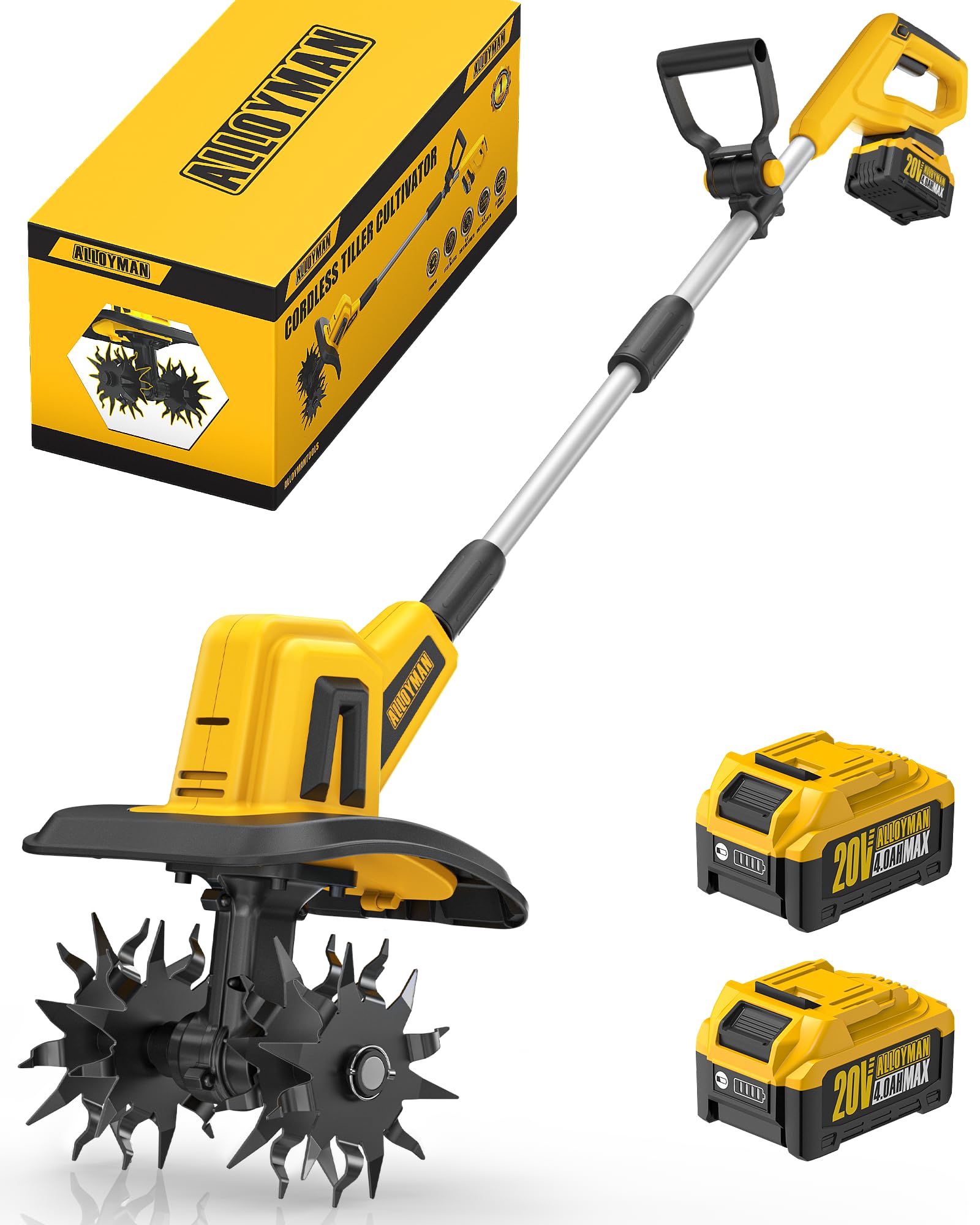 Alloyman Motozappa elettrica da 20V MAX, fresa da giardino, batteria da 360 giri/min, con 2 batterie da 4,0 Ah e caricabatterie, larghezza di lavoro 23 cm, profondità 17 cm, Motoz…