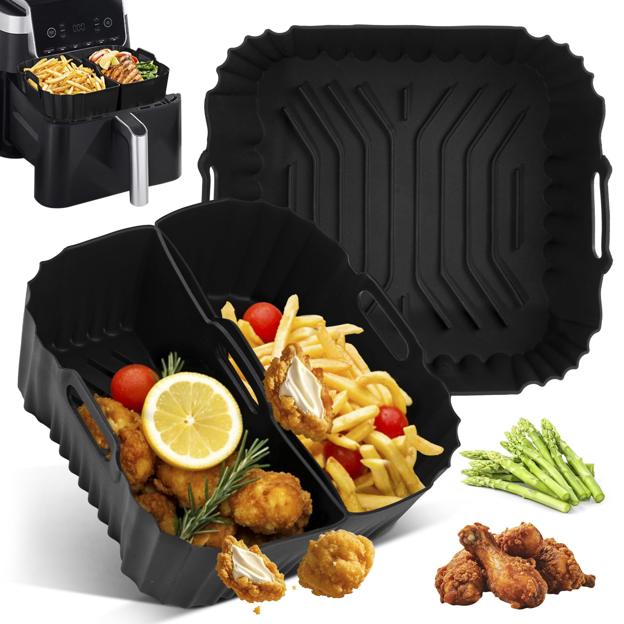 Pietuley 3 Pezzi Contenitori per Friggitrice ad Aria in Silicone, Accessori Compatibili con Cosori 5.5L/6L, Russell Hobbs 8L, Cecotec 6L, Teglie Rettangolari Nero