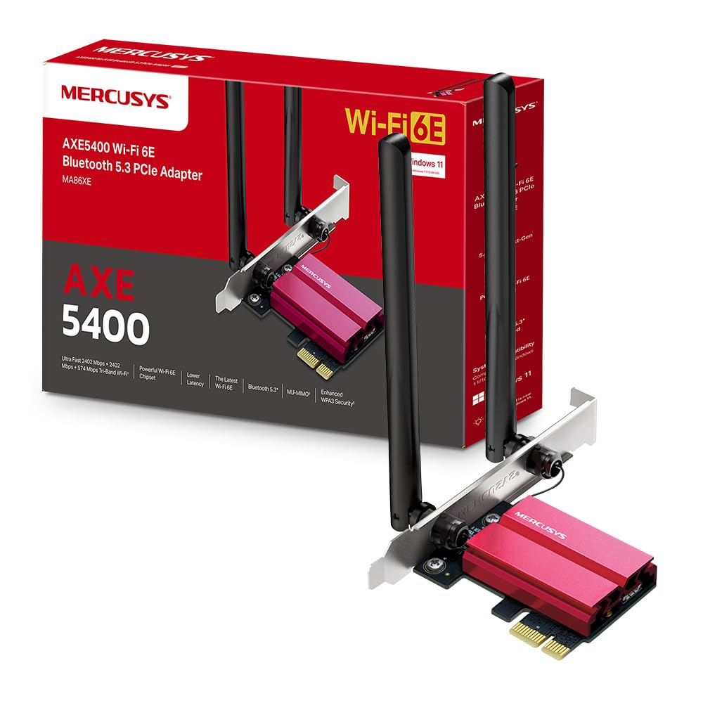 MERCUSYS TP-Link MA86XE V2 PCIe Adapter AXE5400Mbps Wi-Fi 6E Bluetooth 5.3, Intel Wi-Fi 6E Chipset, WPA3, MU-MIMO, OFDMA, WiFi Card PC Fixed, Tri-Band Speed, Supports Windows 10,…