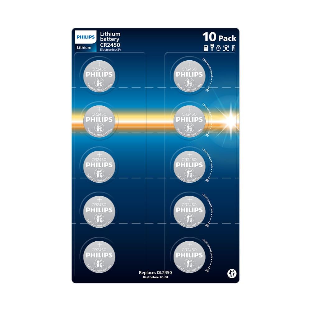 Philips Lithium 3 Volt CR2450 Batterie, Ottimali per dispositivi medici, giocattoli e portachiavi, confezione da 10
