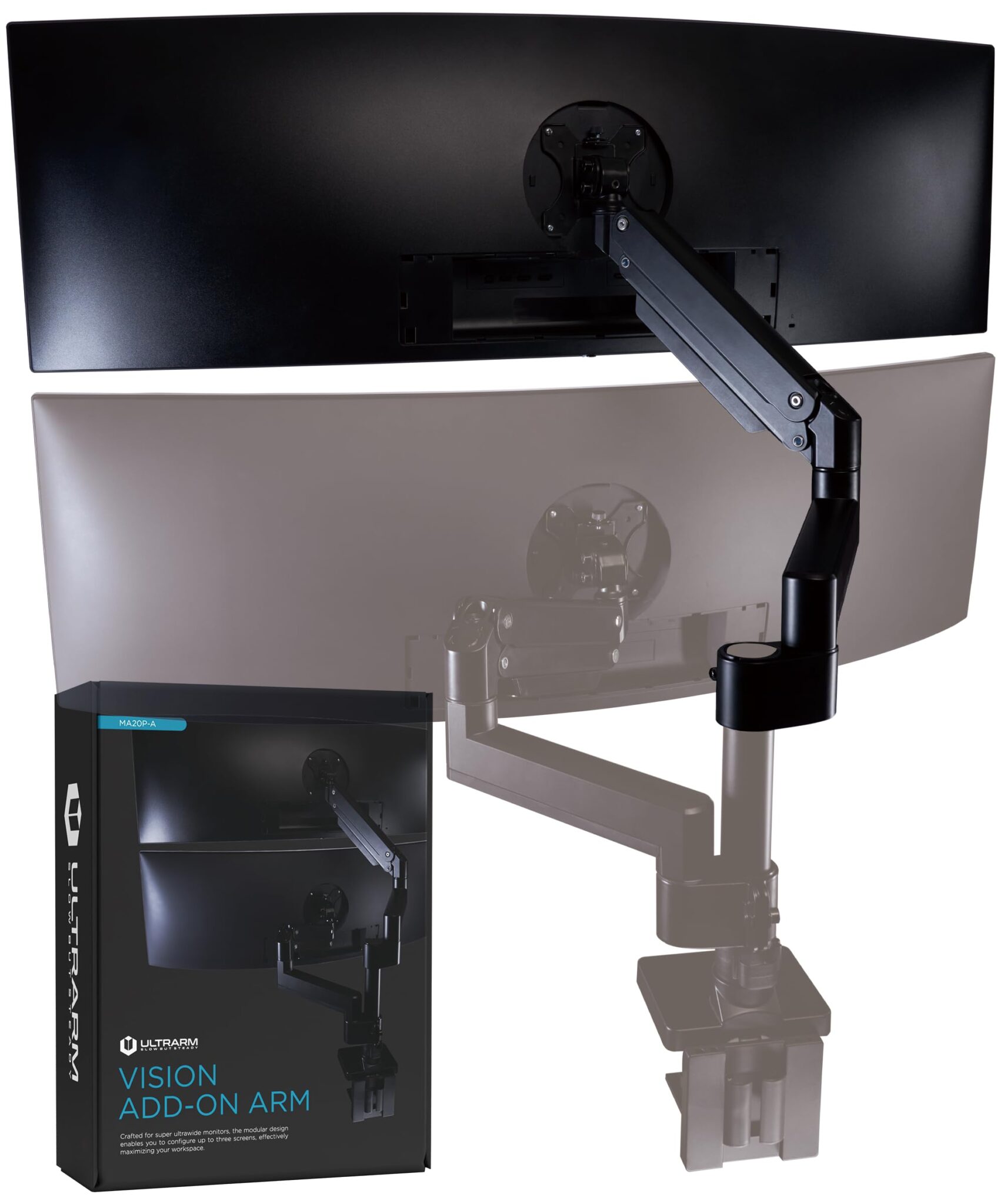 ULTRARM Braccio di estensione robusto, accessorio per MA20P-S, non autonomo | Max 3 schermi, supporto verticale doppio da 49", base e palo non inclusi, VESA 100x100, Nero, MA20P-A