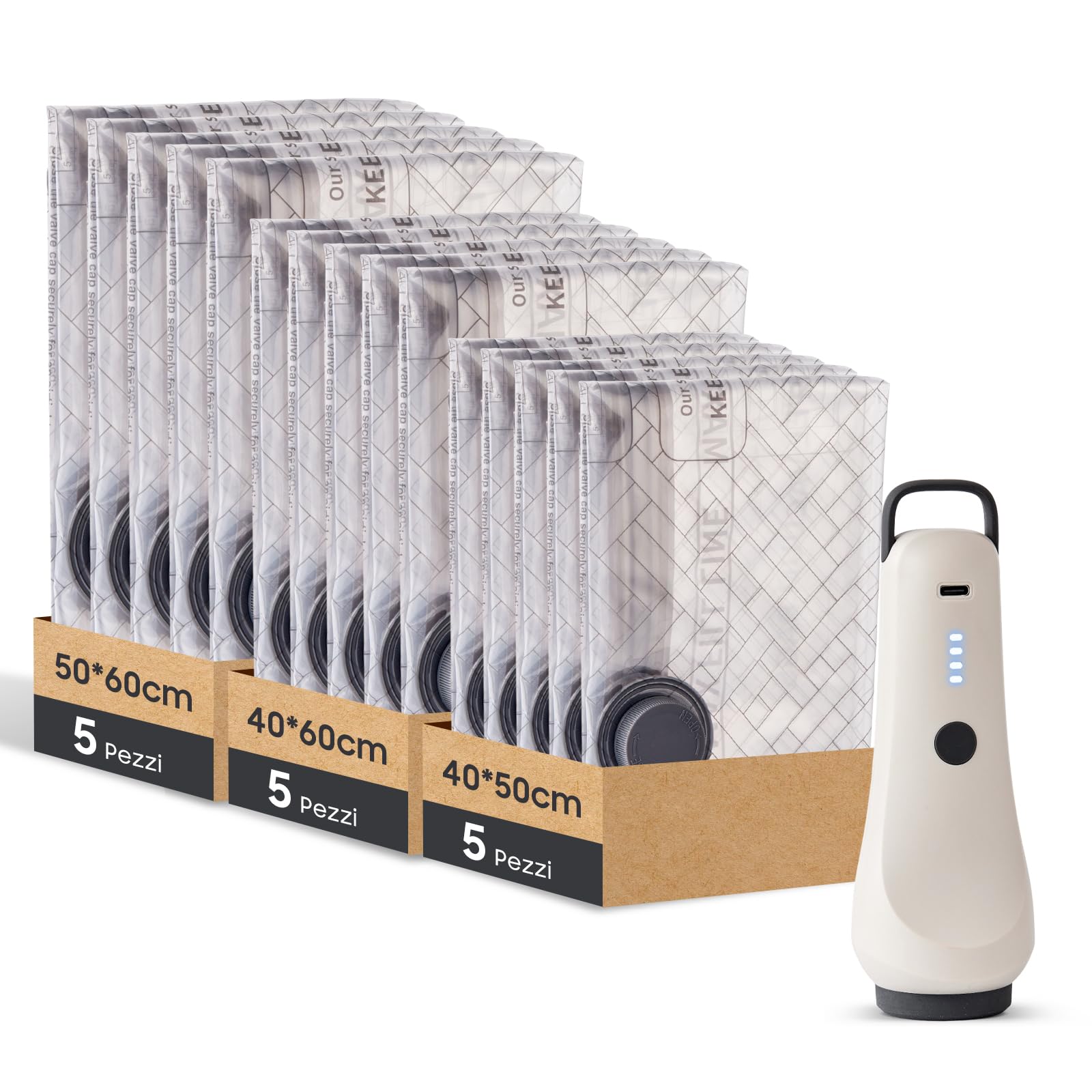 Sacchetti Sottovuoto per Abbigliamento con Pompa Ricaricabile Wireless, Ideali per Risparmiare Spazio in Valigia e in Casa – Set da 15 (5x 40x50 cm, 5x 40x60 cm, 5x 50x60 cm) (15)