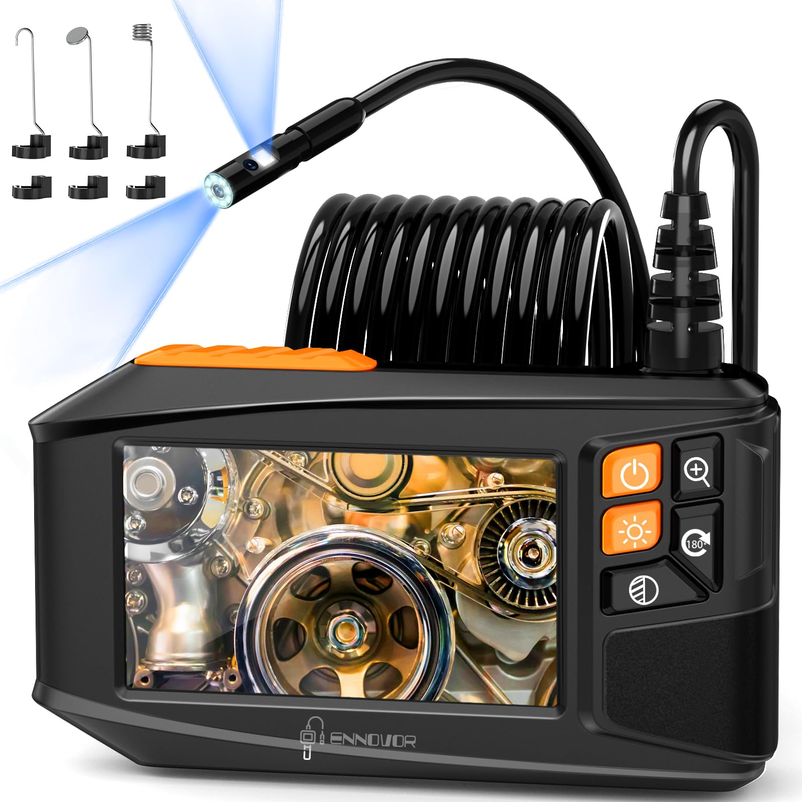 Endoscopio Ennovor con doppia lente, con schermo IPS da 4,3", periscopio digitale HD 1920p, senza app, senza WiFi, con 8 luci LED, telecamera di scarico impermeabile IP67, cavo fl…