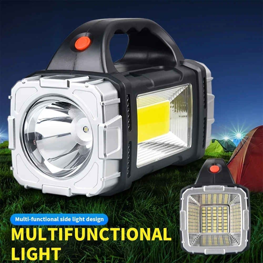 Torcia portatile potente ricaricabile USB Luce solare a LED con luce da lavoro COB Lampada da campeggio per telefono cellulare con carica a 4 marce