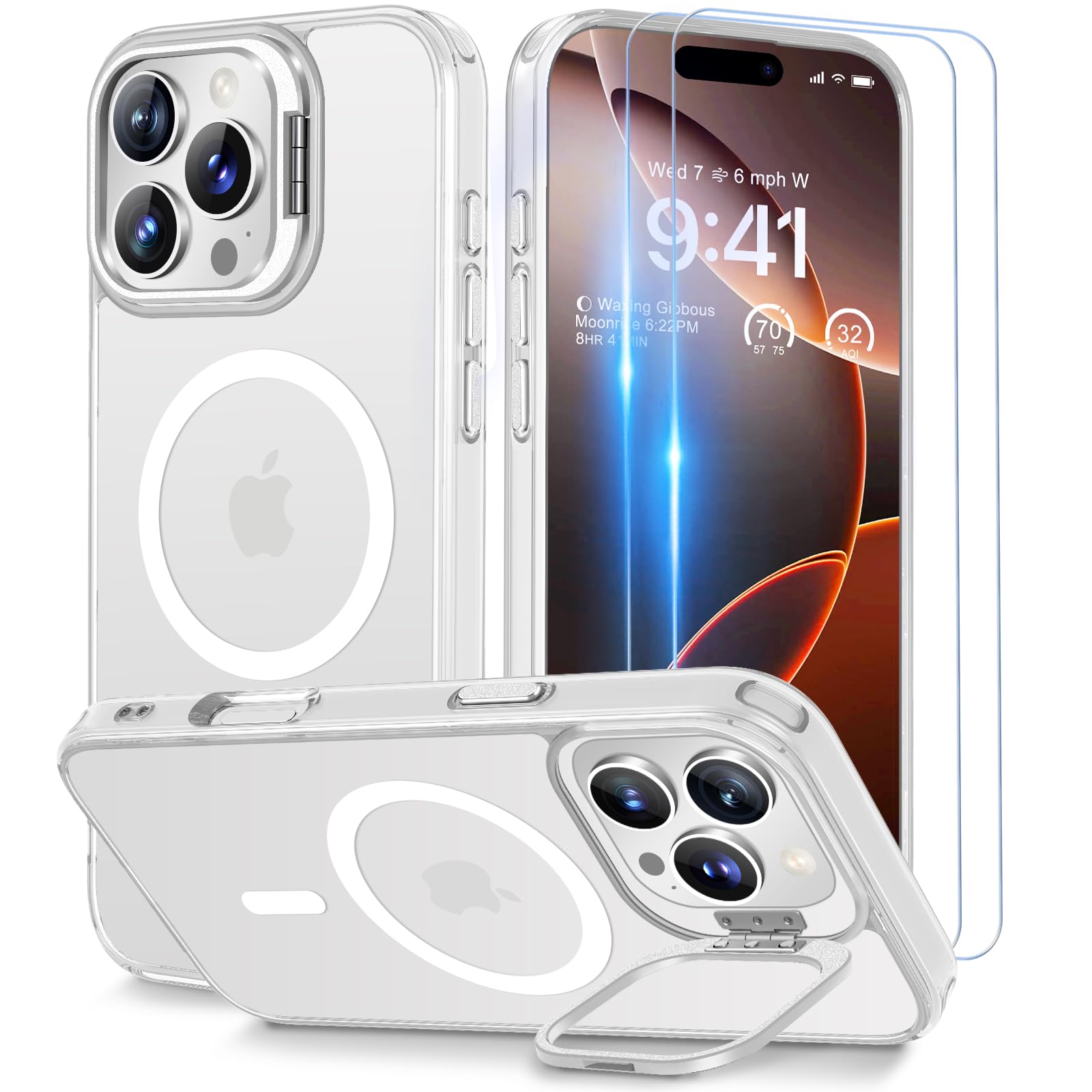 Beeasy Cover Magnetica per iPhone 16 Pro Max con Cavalletto,Custodia con 2 Pezzi Pellicola Vetro Temperato,Compatibile con Magsafe Militare Antiurto Sottile Protettiva Case,Traslu…