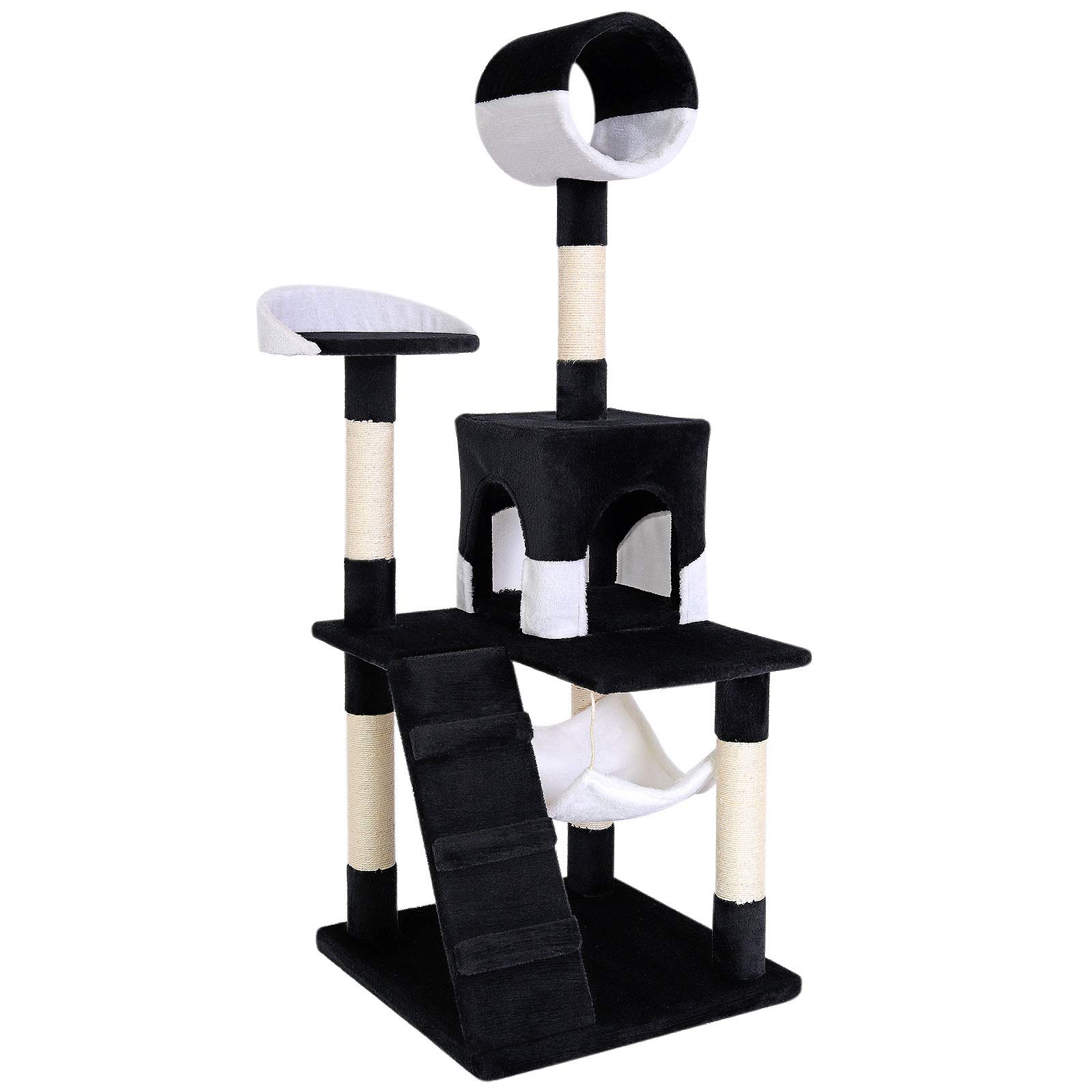 lionto Tiragraffi con Amaca, Tunnel e Sisal, 133 cm, Nero/Bianco | Tiragraffi grande per gatti con scala, piattaforme, grotta accogliente e molto sisal per arrampicata, gioco e ri…