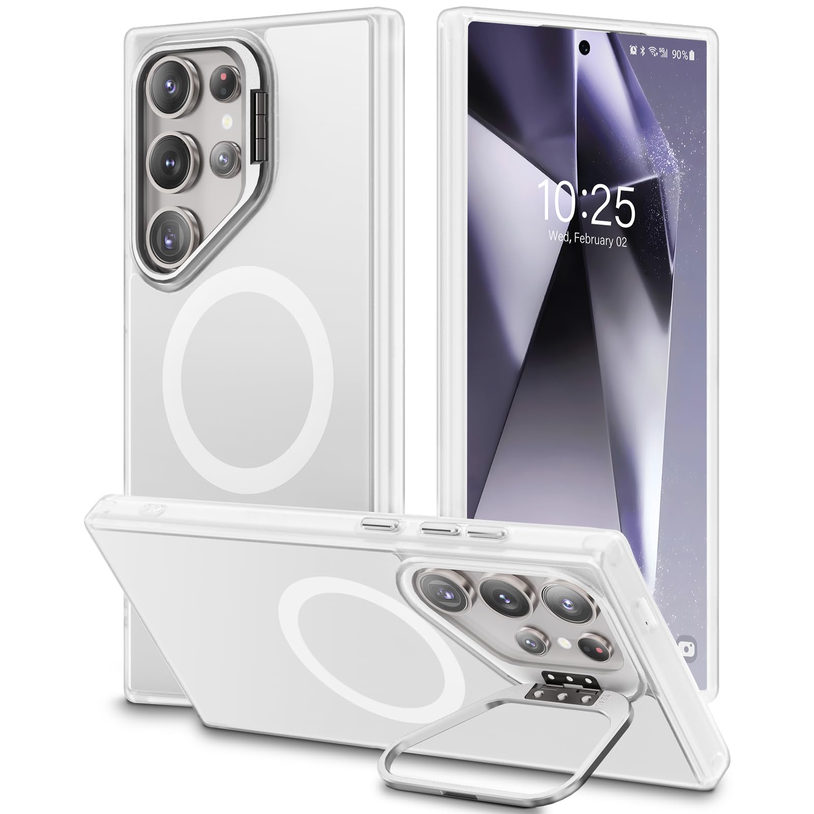 Beeasy Cover Magnetica per Samsung Galaxy S24 Ultra 5G con Cavalletto, Compatibile con MagSafe, Custodia Militare Antiurto Protezion per Samsung S24 Ultra, Traslucida Opaco Bianco