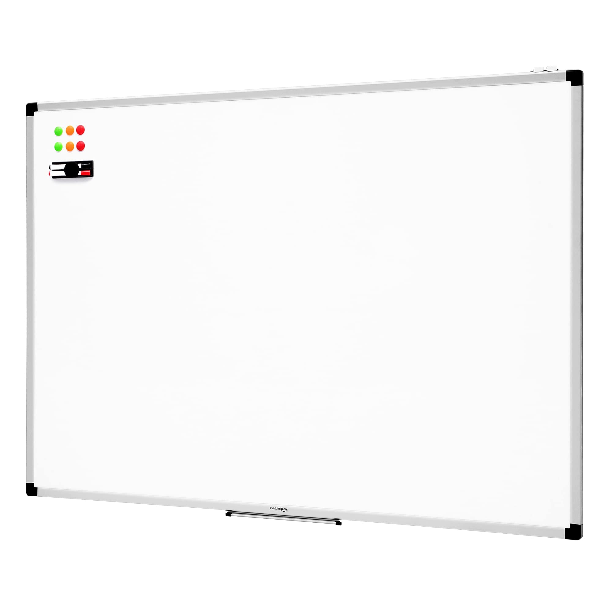Amazon Basics Lavagna Bianca Magnetica con Cornice in Alluminio, Vaschetta Portapenne, 6 Magneti, 1 Cancellino, 2 Pennarelli per Ufficio/Casa, Montaggio a Parete, Cancellabile a S…