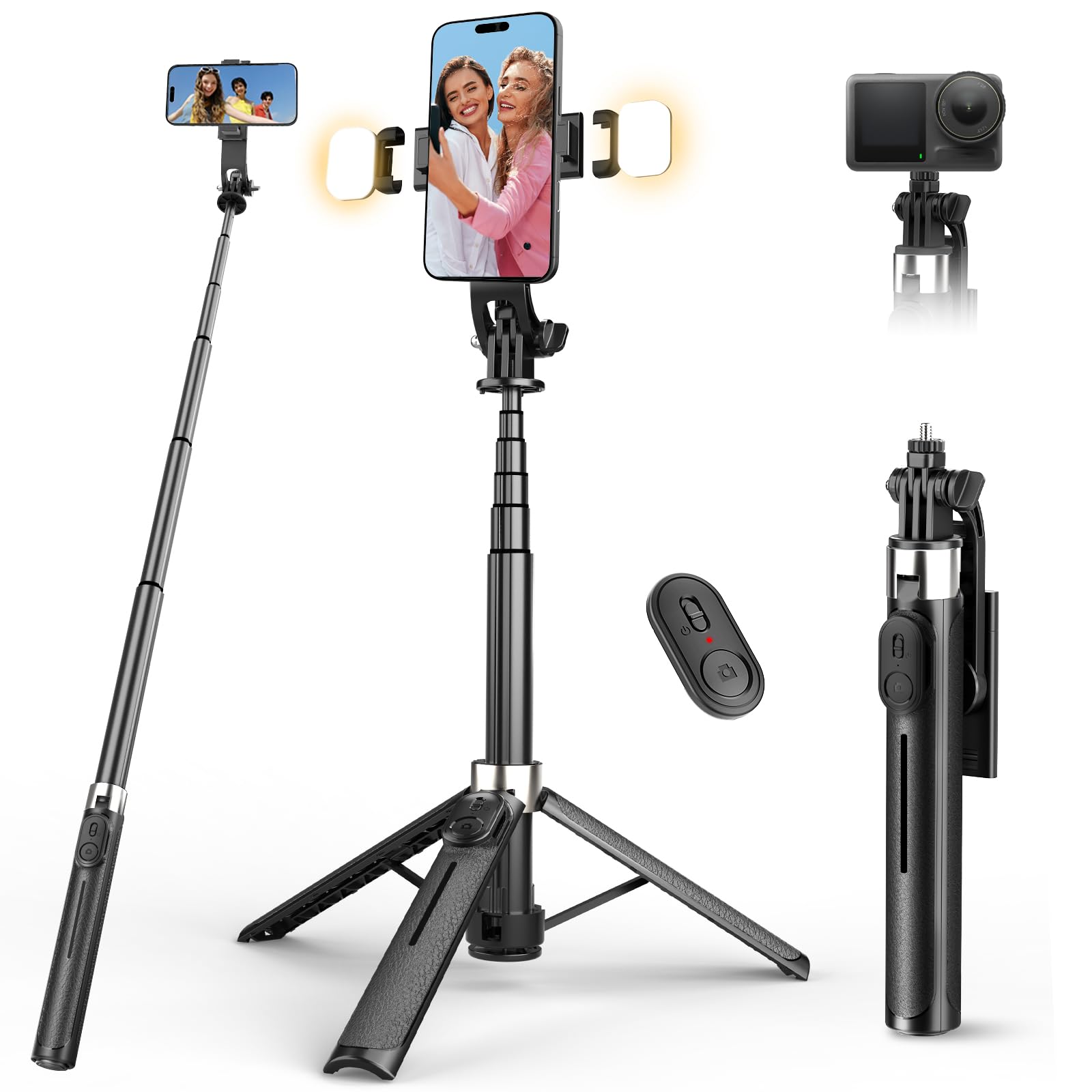 RISEOFLE 110cm Bastone Selfie Treppiede con 2 Luci di Riempimento, Treppiede per Smartphone Portatile Estensibile con Telecomando Wireless, Selfie Stick Compatibile con iPhone/Sam…