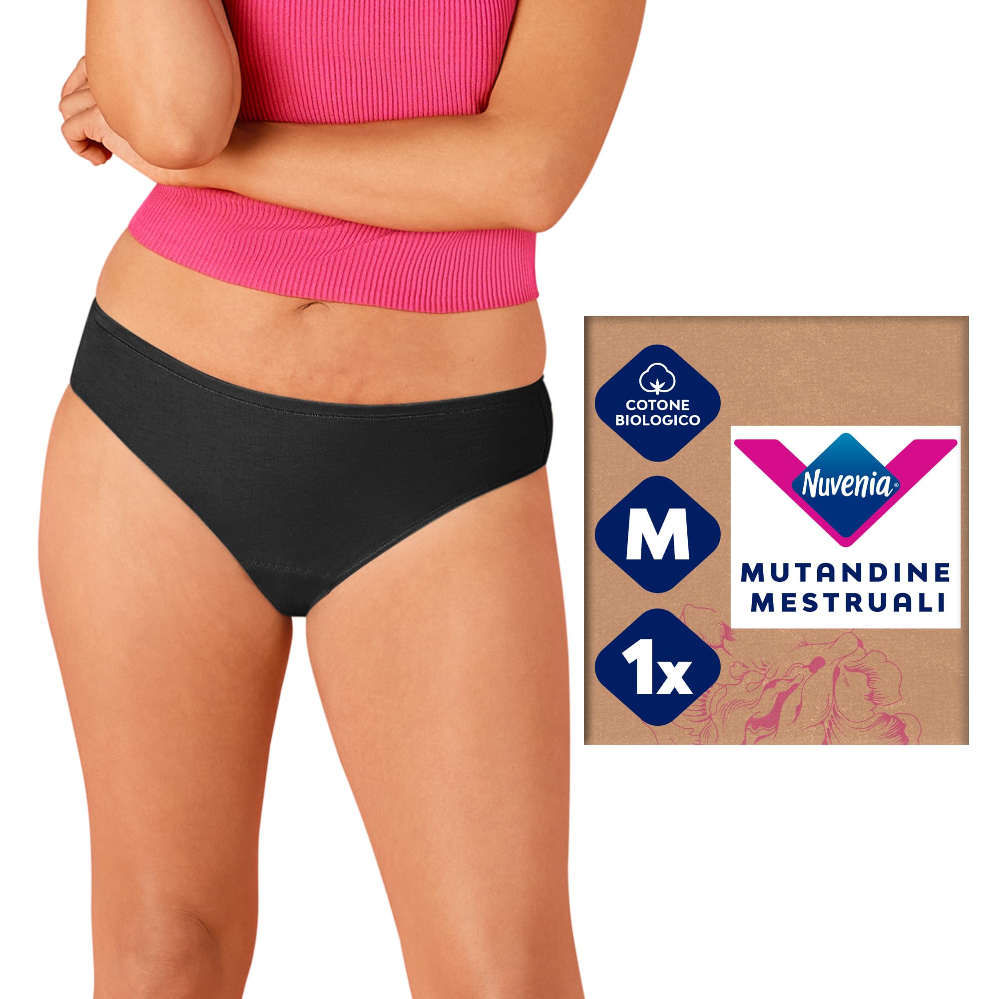 Nuvenia, Mutandine Mestruali in Cotone Biologico, Modello Slip Brazilian, Lavabili e riutilizzabili con Protezione Integrata per Giorno e Notte, Flusso Abbondante, 1 Confezione