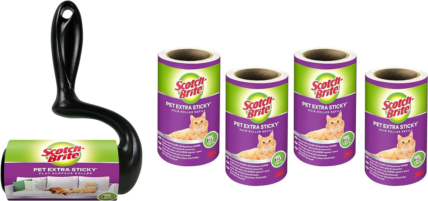 Scotch-Brite Rullo Levapelucchi Extra Adesivo per Animali, Grandi Superfici + 4 Ricariche (48 Fogli per Rullo)