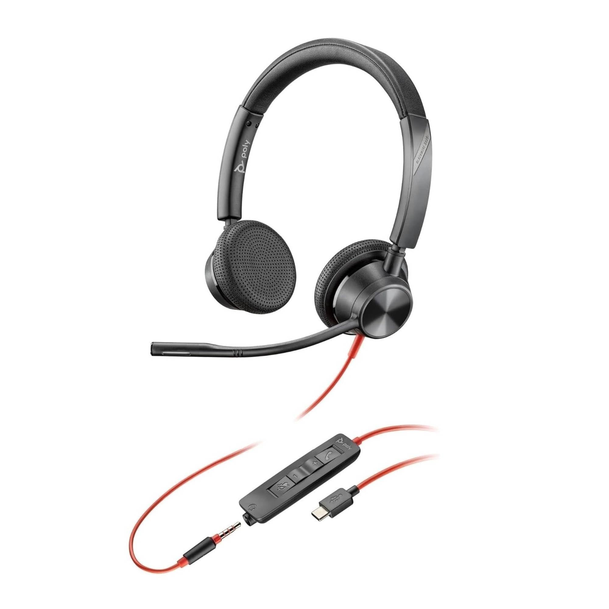 Poly Blackwire 3325, Cuffia Cablata con Connessione USB-A, USB-C, AUX 3,5 mm, Cuscinetti in Similpelle, Riduzione del Rumore e dell'Eco, Comandi sul Cavo, Compatibile con Windows…
