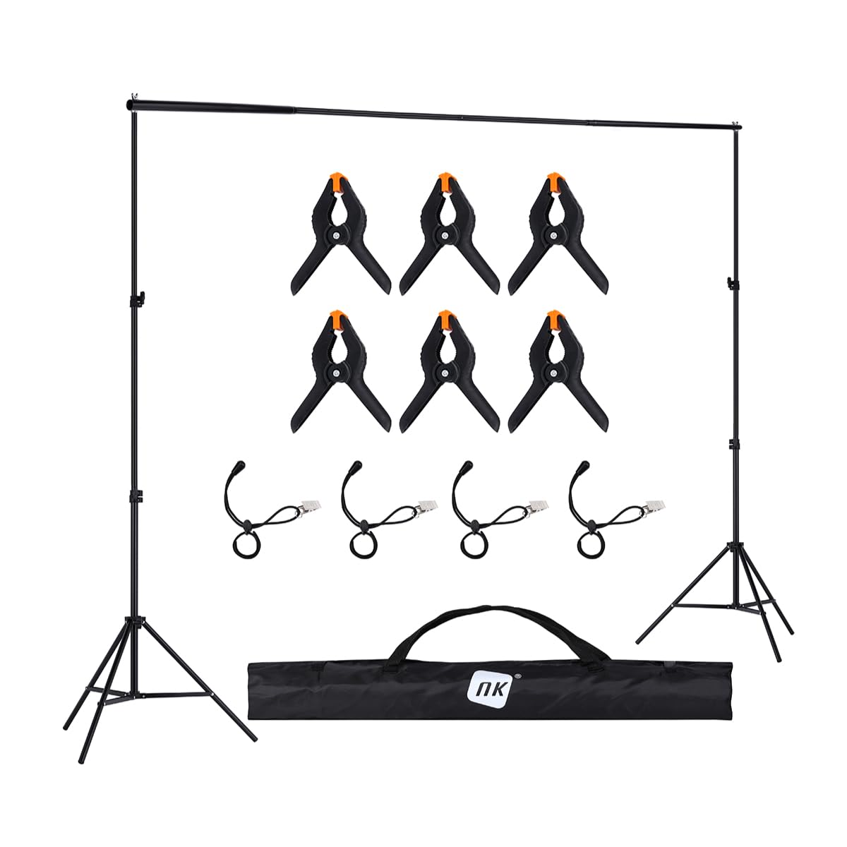 Supporto per fondale fotografico professionale NK 2 x 3 metri, regolabile e retrattile, 2x treppiede, 1x barra trasversale interconnessa, 6x mollette, 4x fascette laterali in velc…