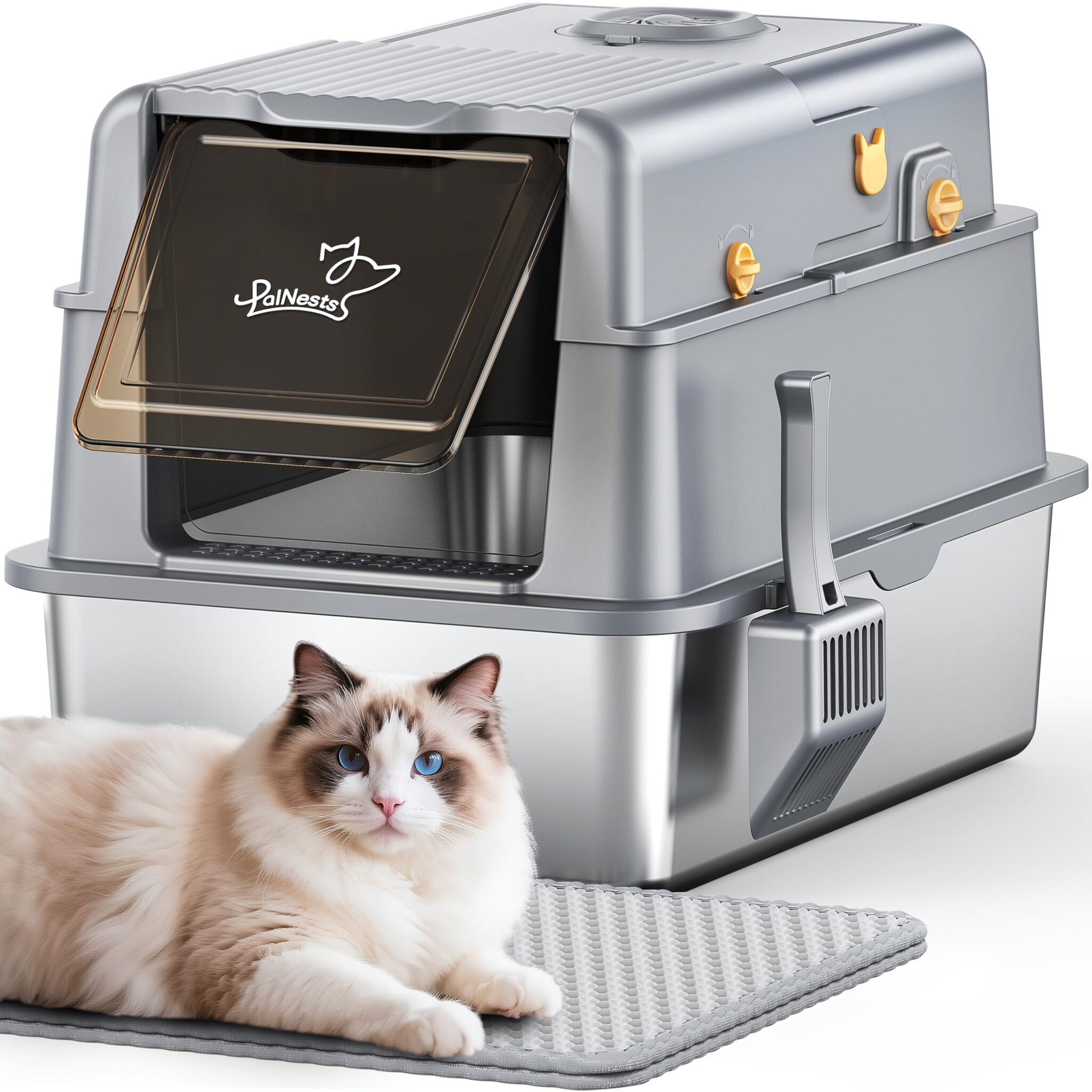 PalNests Lettiera per Gatti in Acciaio Inox, Lettiera per Gatti XXL con Coperchio Ribaltabile a 105° e Paletta, Lettiere in Metallo Rimovibile con Tappetino, con Deodorante per Le…