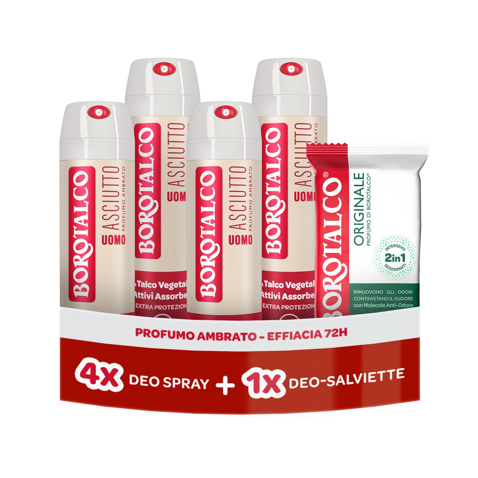 Borotalco, Deodorante Spray Puro 4x50ml, Deo-Salviette Originale 2in1 | Formula con Talco Vegetale e Molecole Traspiranti, Senza Alcool e Sali di Alluminio, Salviette Deodoranti c…