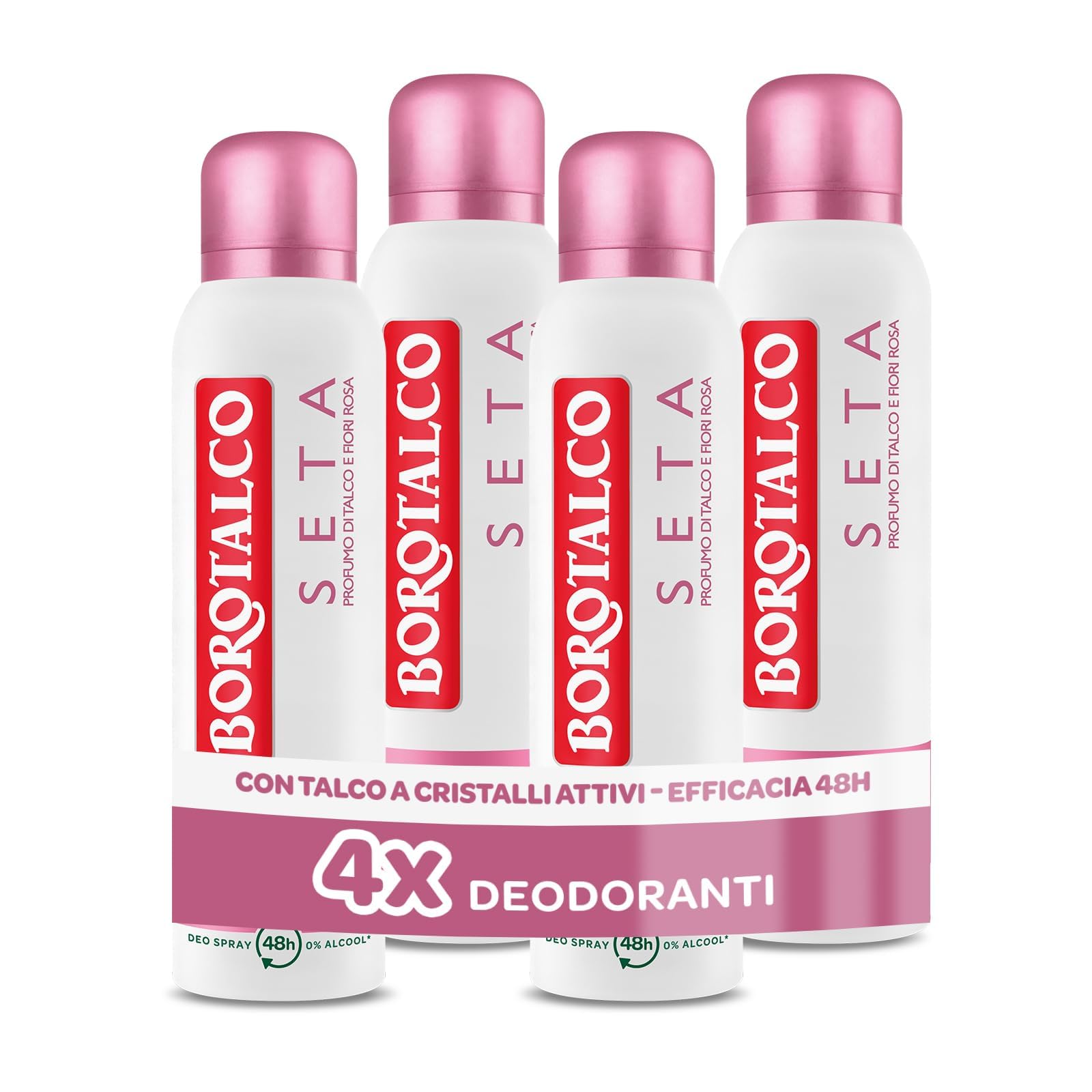 Borotalco, Deodorante Spray Seta, con Talco a Cristalli Attivi, Tripla Protezione Asciutta, Senza Alcool, Profumo di Talco eFiori Rosa, 48h efficacia - 4 Pezzi da 150 ml - Esclusi…