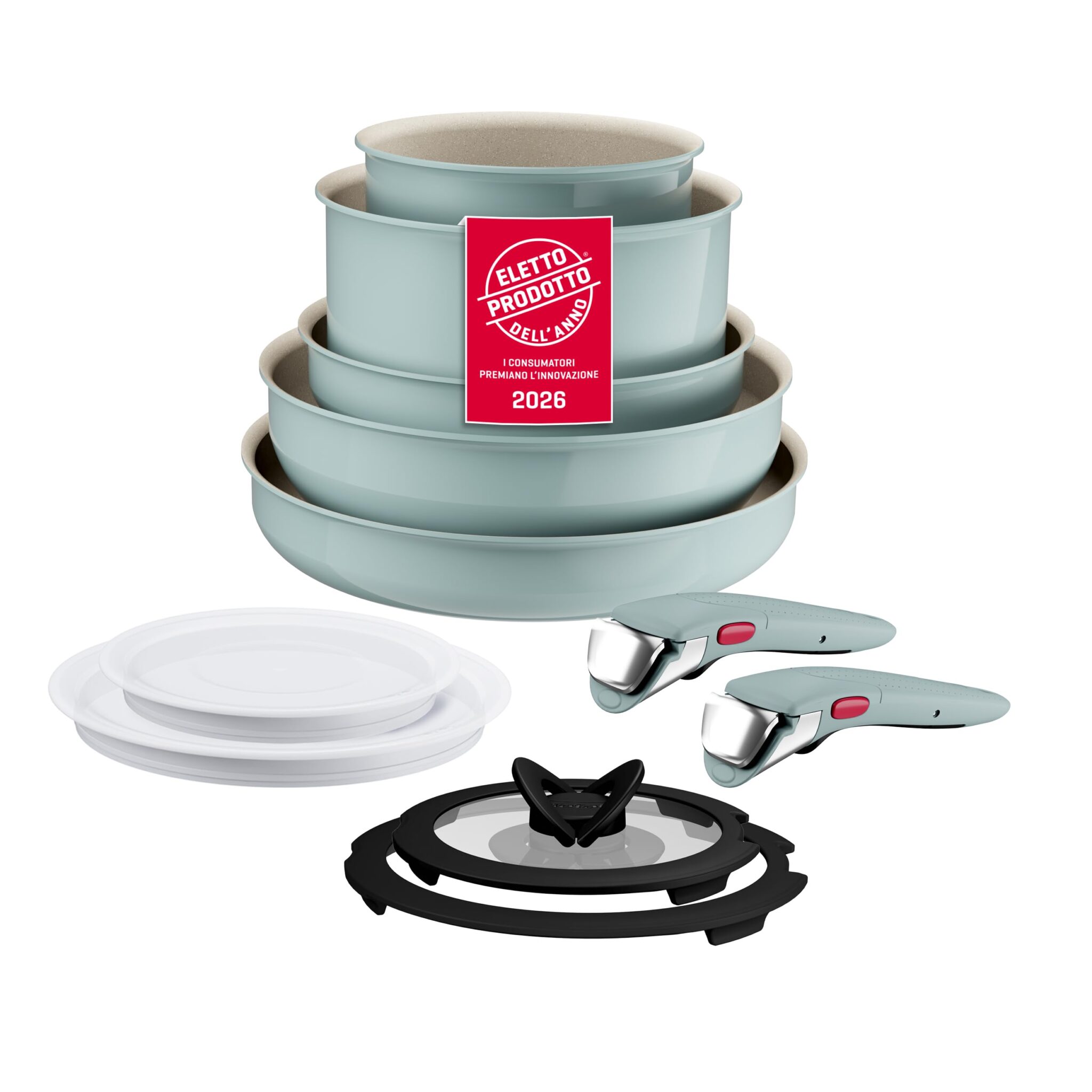 Lagostina Ingenio Pastel, Set Padelle Antiaderenti 11 Pezzi, Color Salvia | Rivestimento Antiaderente, Manico Rimovibile, Design Salvaspazio, Compatibile con Induzione e Forno