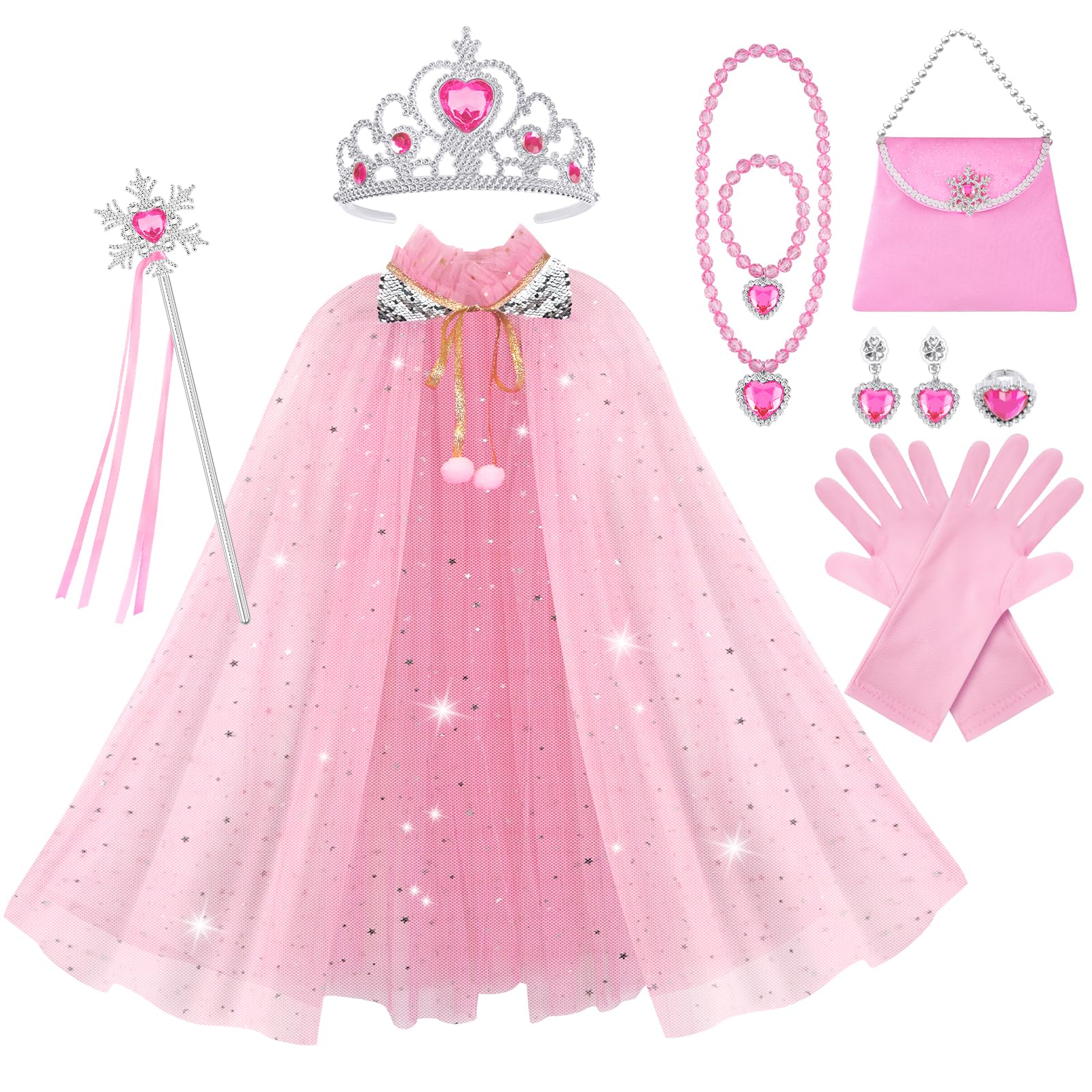 Vicloon Mantello da Principessa, 11 Pcs Mantello con Paillettes Lucide Principessa Costume, Bacchetta, Collana, Anello e Orecchini, Principessa Vestita per Feste, Giochi di Ruolo,…