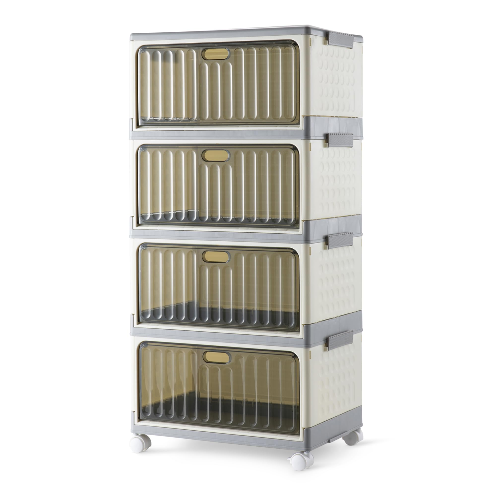 Amazon Basics Contenitori di Stoccaggio Impilabili a 4 Ripiani con Ruote, 21,7L per Ripiano, Contenitori Pieghevoli con Coperchi, 82.6 x 39.1 x 27.2 cm, Grigio/Beige