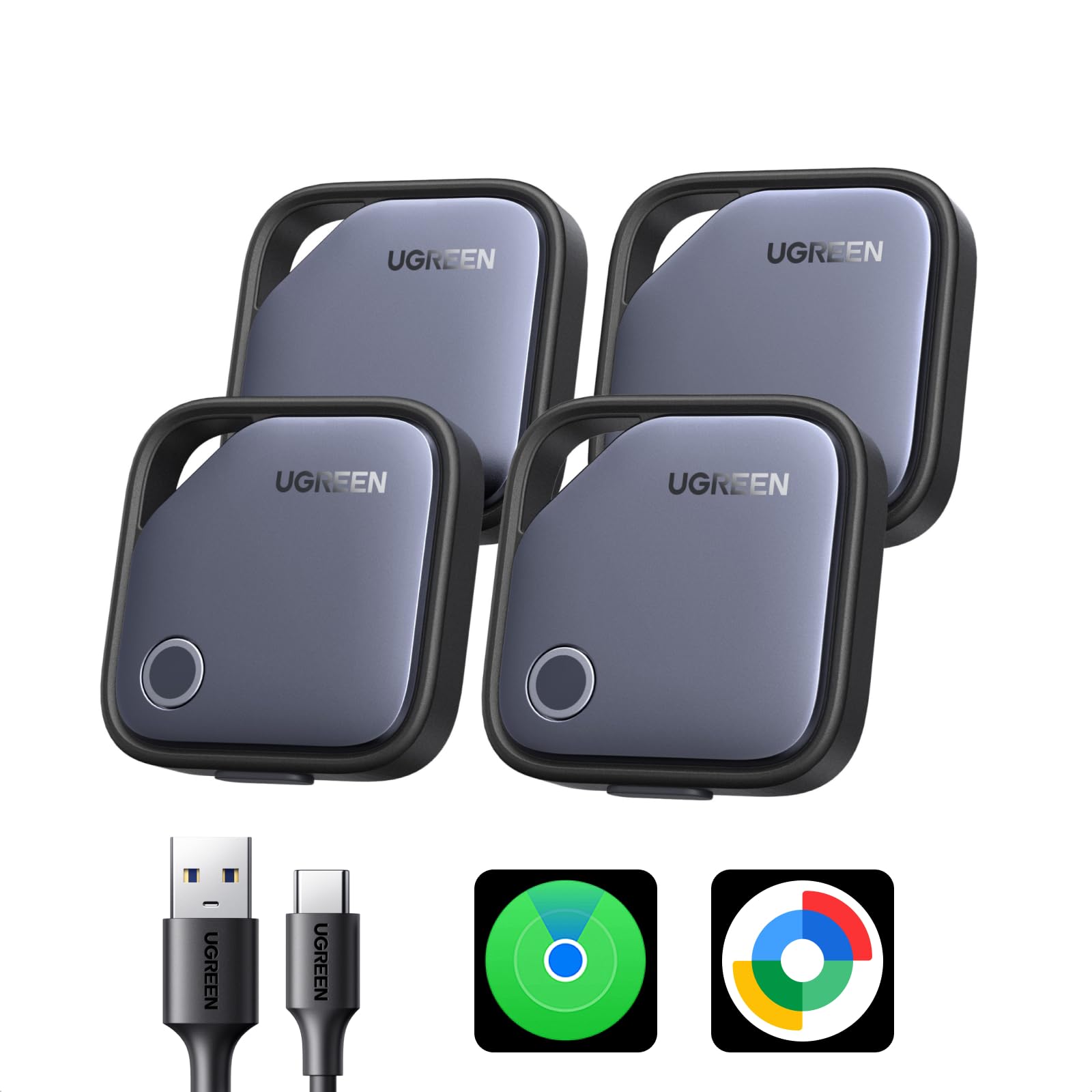 UGREEN FineTrack Duo Supporto iOS Find My o Android Find Hub 4 pezzi | Smart Finder, Ricarica USB-C, Localizzatore, Tracker Bluetooth, per Chiavi Bagaglio Portafoglio Bicicletta Z…