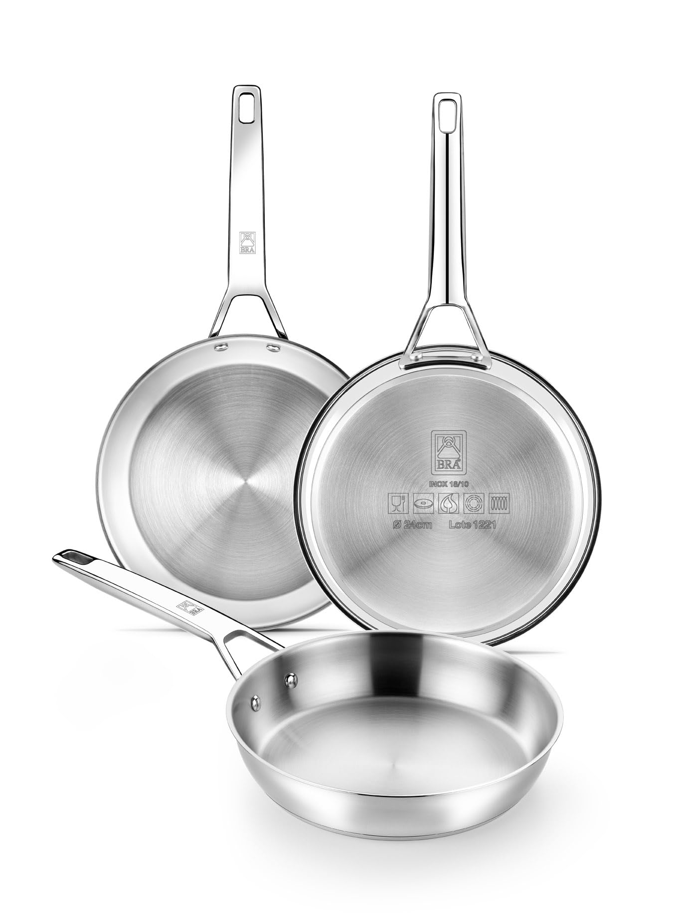 BRA Signature | Set di 3 padelle 20-24-26 cm, acciaio inox 18/10 | Senza rivestimento antiaderente, triplo fondo diffusore, finitura lucida, Tutti i piani cottura, induzione inclu…