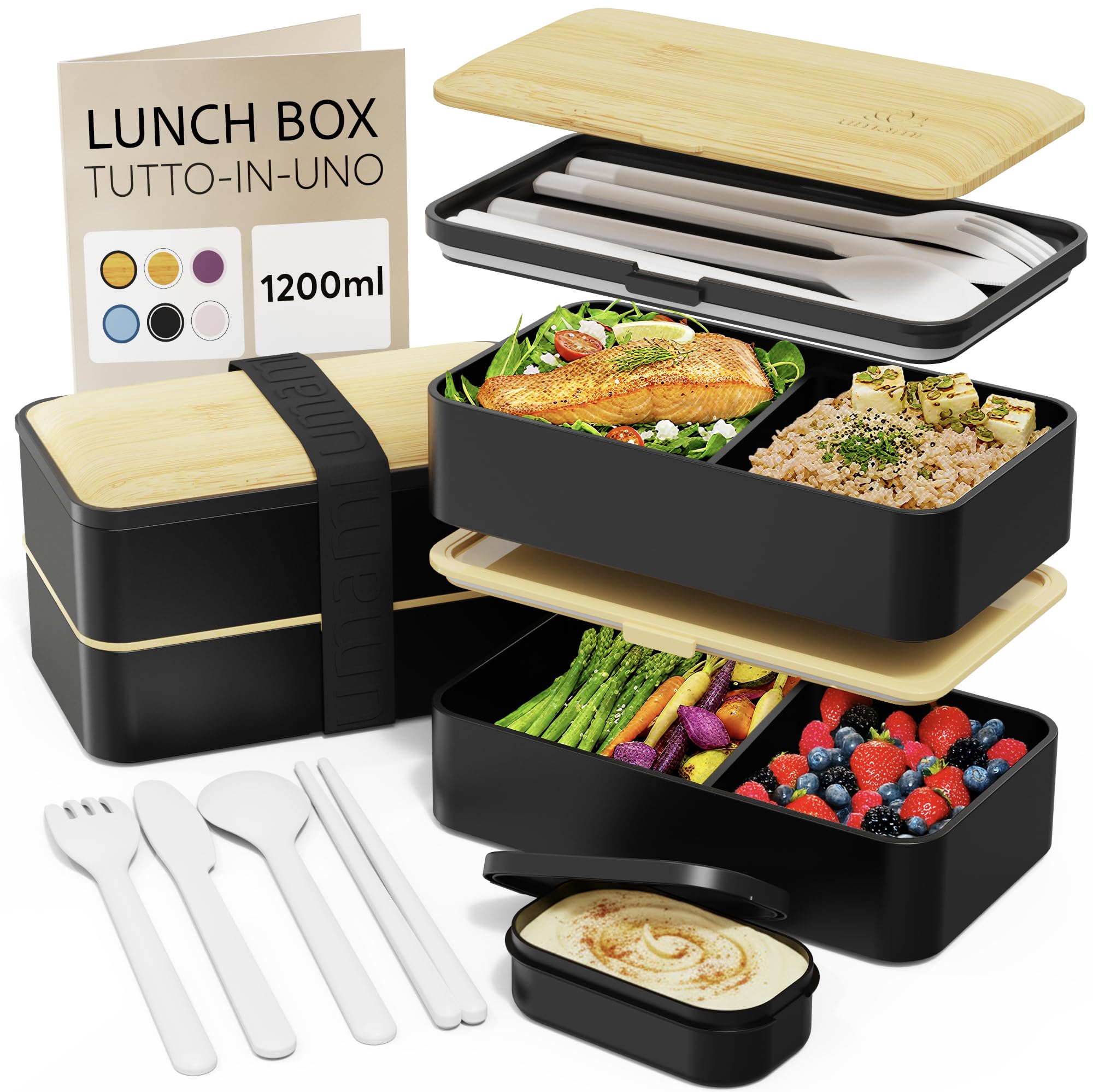 Umami Porta Pranzo Adulti Ermetico, Bento Box con Scomparti e 4 Posate | 1200 ml, microonde e lavastoviglie, impilabile, ideale per ufficio, picnic, meal prep, lunch box Nero E Be…
