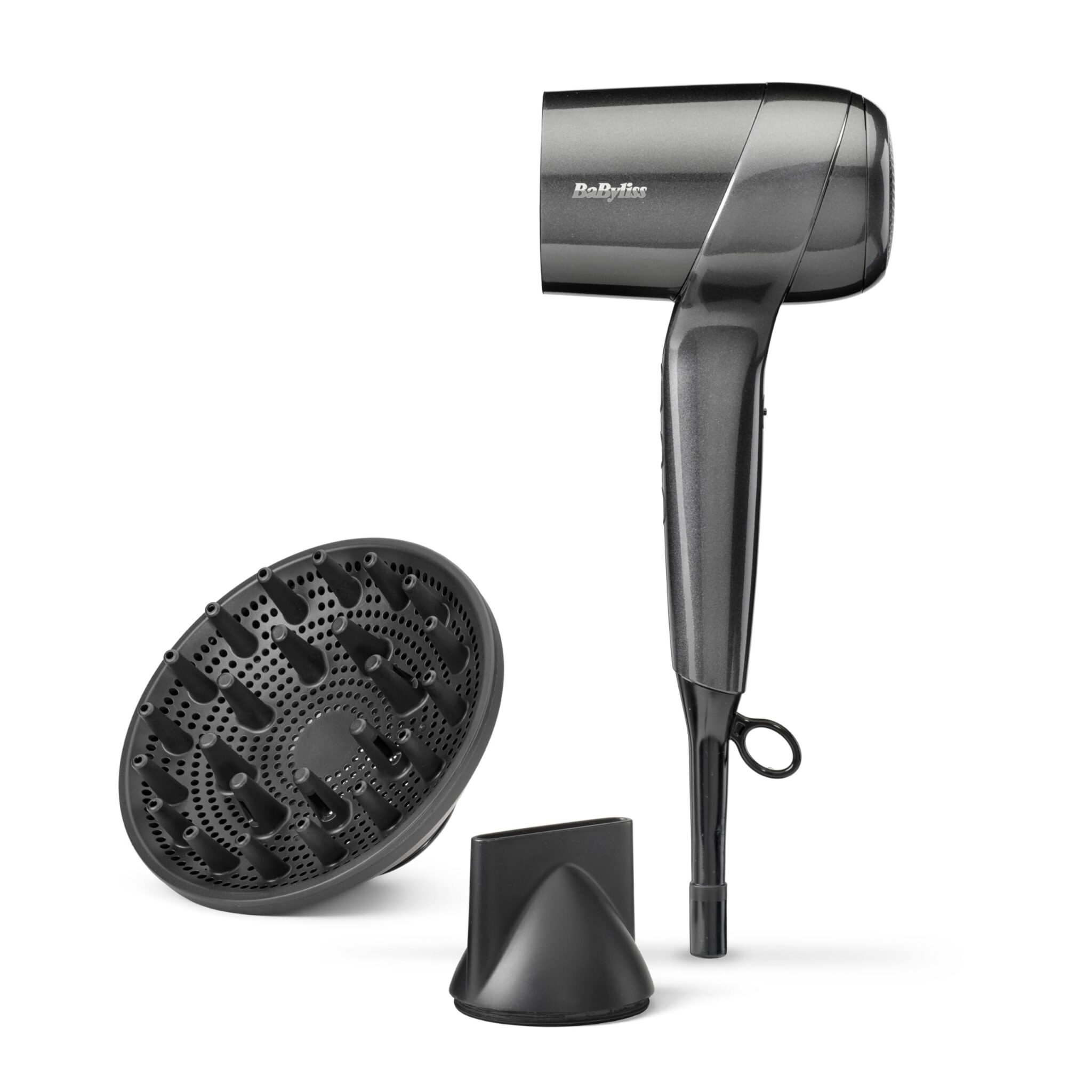 BaByliss Titanium Shine Phon Capelli - Diffusore per Asciugacapelli, Potente e Compatto, Ergonomico, Ionico Anti-Crespo, 3 Impostazioni di Calore e 3 di Velocità, Argento, D6200DE