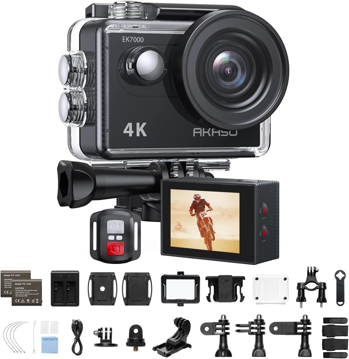 AKASO EK7000 Action Cam 4K 30FPS, Fotocamera Subacquea WiFi 20MP | Con EIS, Custodia Impermeabile fino a 30 m, Telecomando, Zoom 4× e Supporto per Microfono Esterno