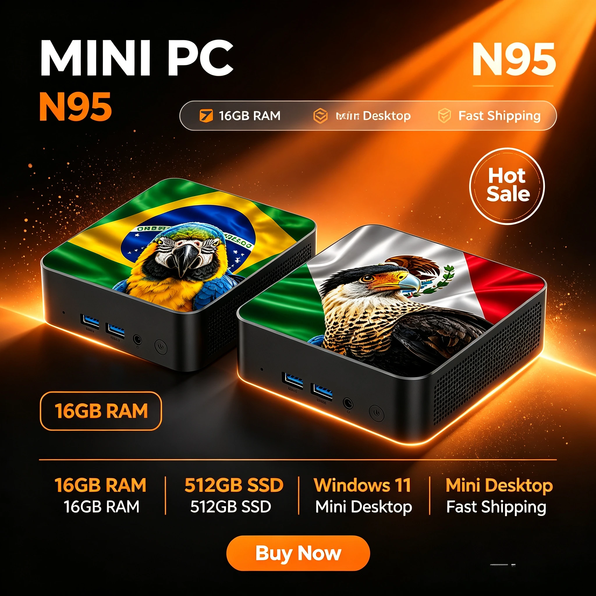 Nuovo Mini PC Compatto 2026 con Bandiera Messico Brasile, Alte Prestazioni, Intel Core N95, 16GB RAM, 2TB SSD, WiFi6, BT5.2 per Gaming e Ufficio